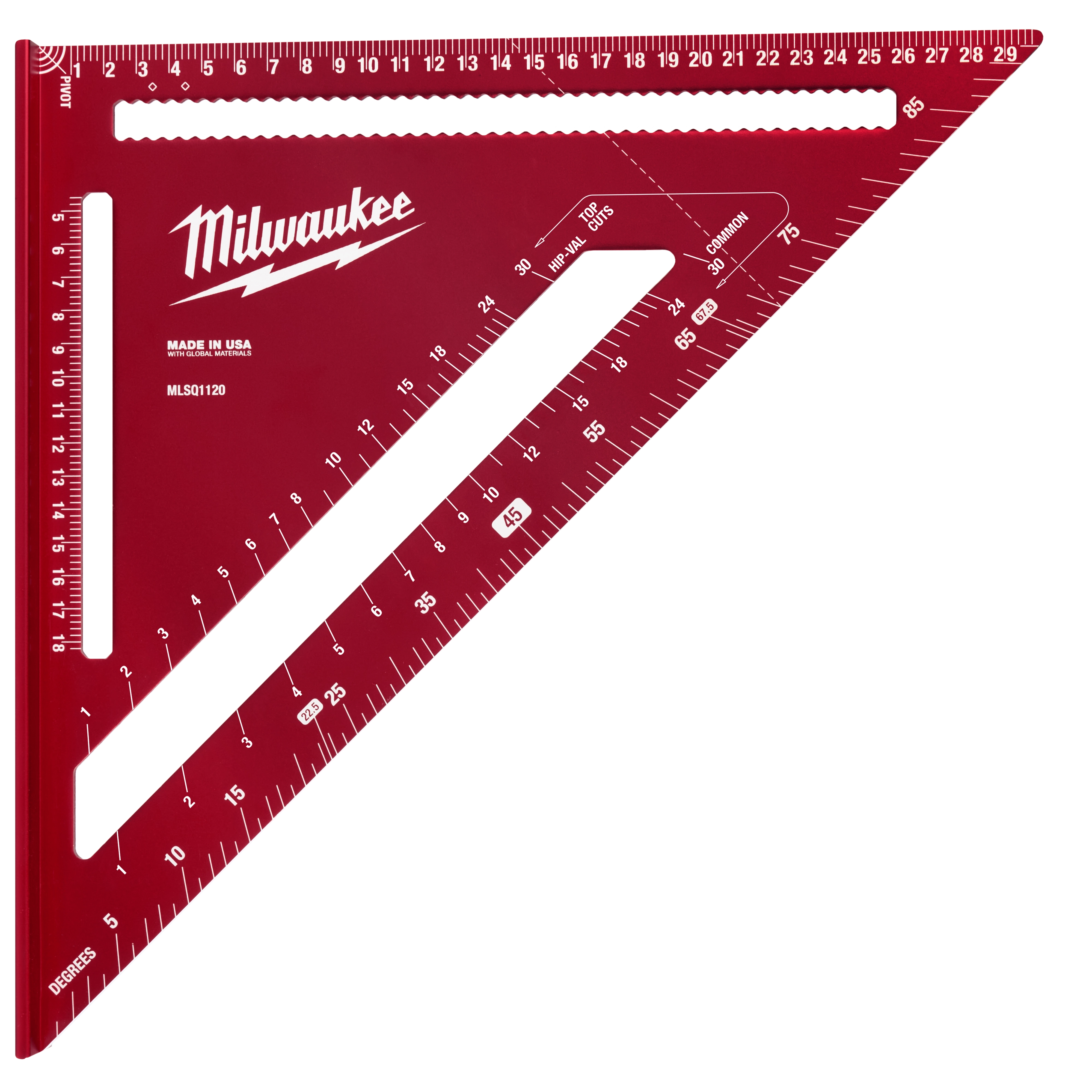 This image shows a red Milwaukee 300mm Rafter Square with various measurement markings and an integrated protractor. It is made in the USA and features both imperial and metric scales for precision woodworking and carpentry tasks.
