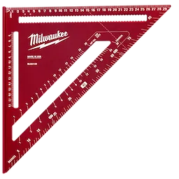 This image shows a red Milwaukee 300mm Rafter Square with various measurement markings and an integrated protractor. It is made in the USA and features both imperial and metric scales for precision woodworking and carpentry tasks.