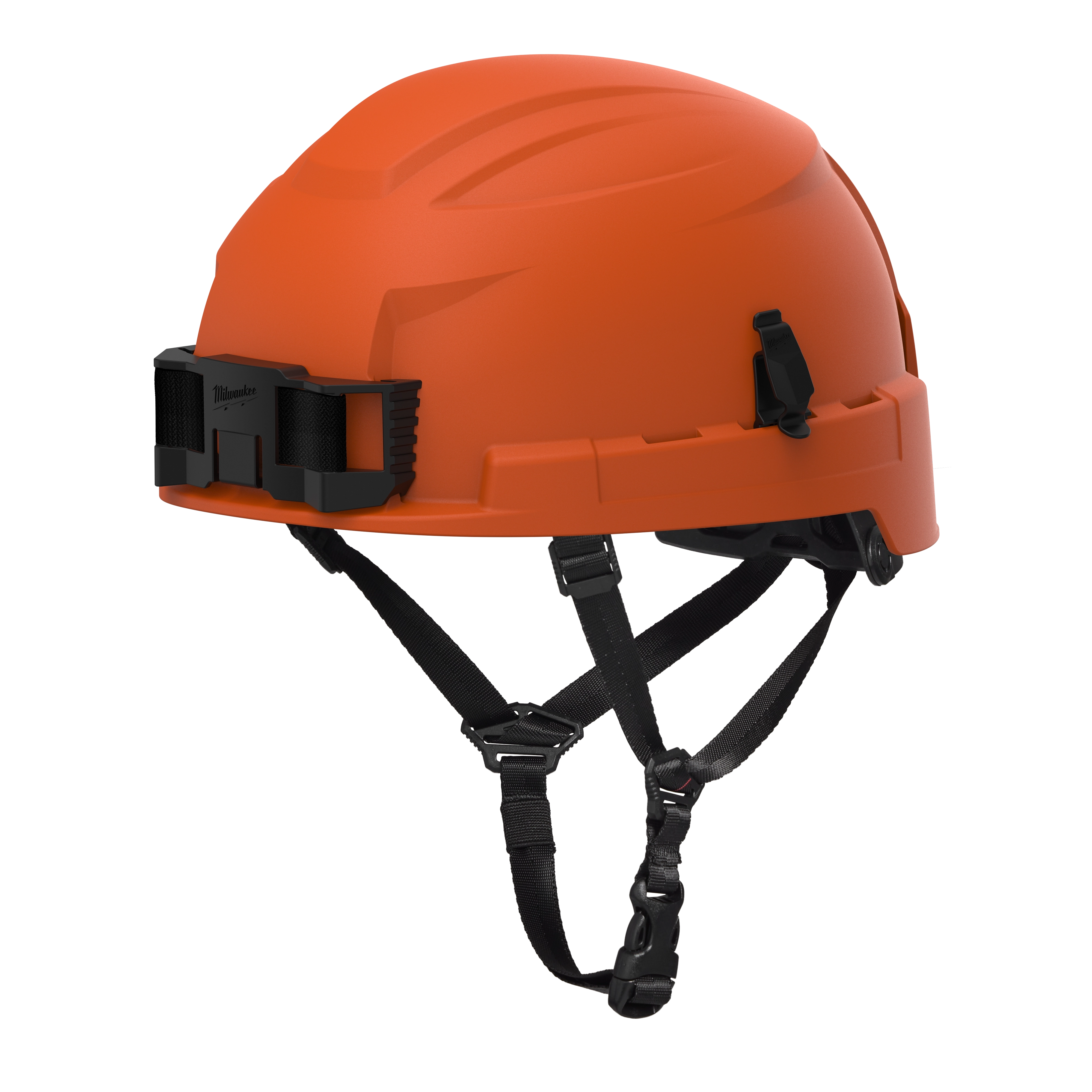BOLT™ Safety Orange Safety Helmet with 4-point ratcheting suspension, Type 2, Class E. An adjustable, bright orange helmet featuring chin straps for secure fit and top and side impact protection. Suitable for electrical environments and heavy-duty safety requirements.