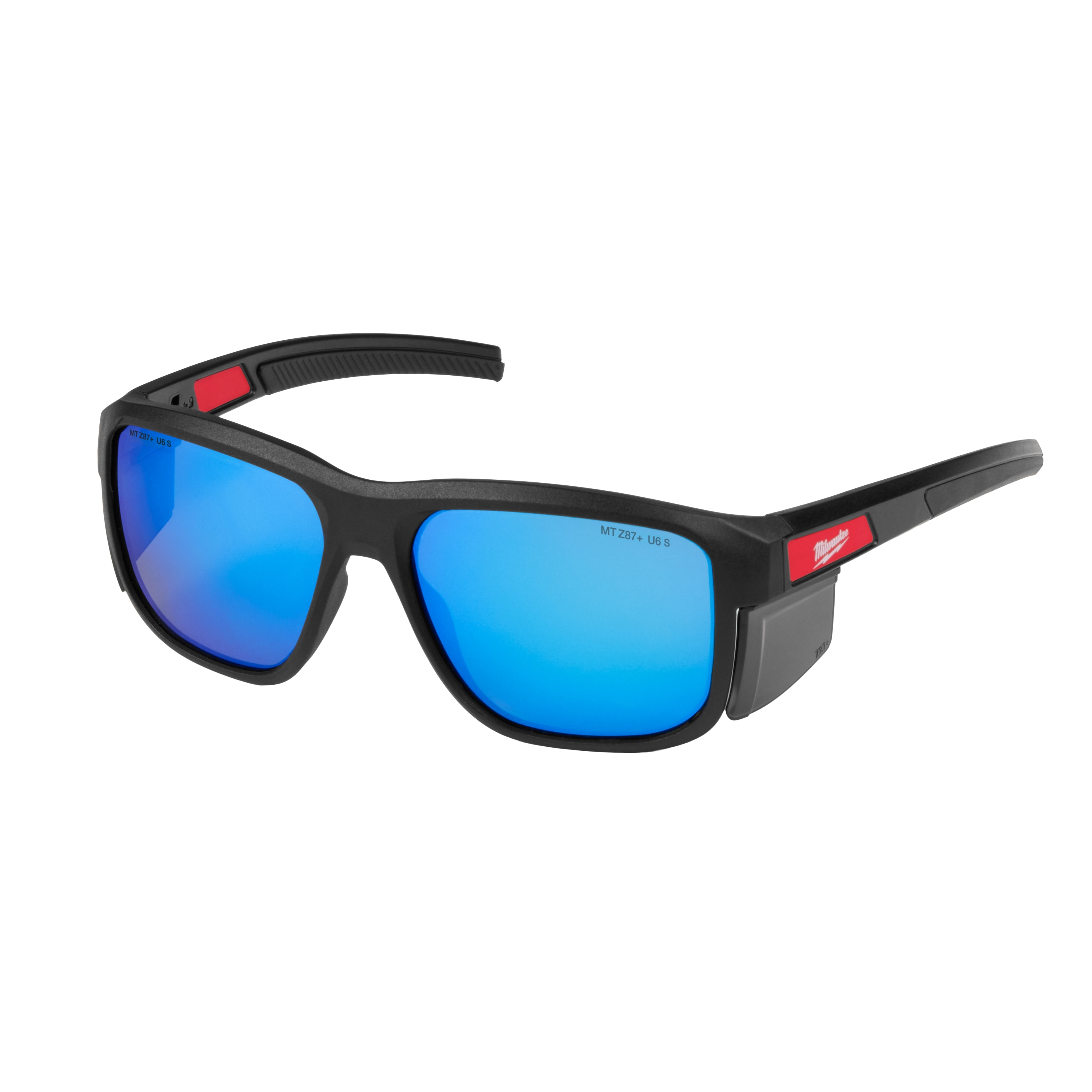 Full Frame Safety Glasses with Removable Side Shields feature blue mirrored anti-scratch lenses. The glasses have a black frame with red accents and are designed for durable eye protection.