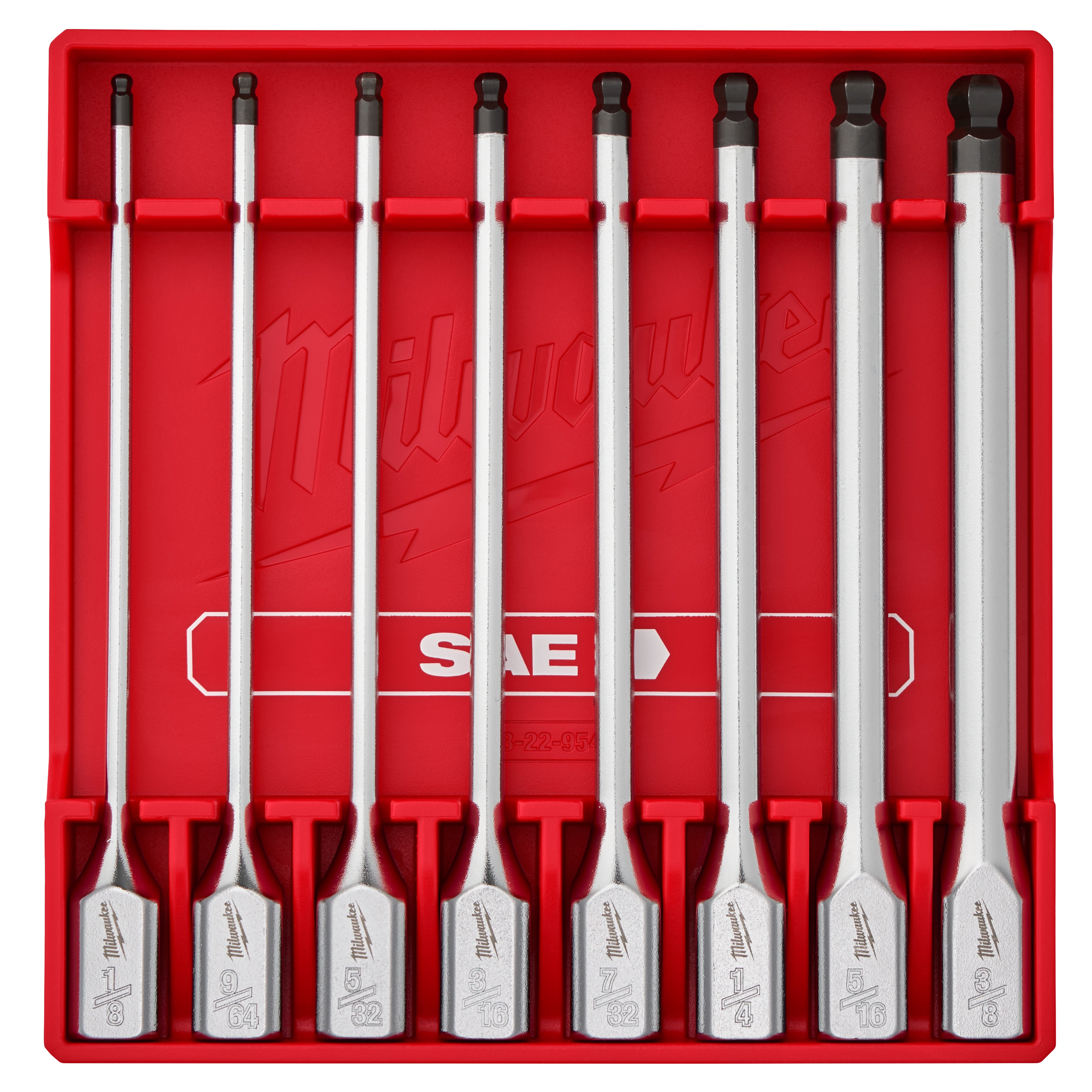 The 8pc 3/8” Drive Long Ball End Hex Bit Socket Set - SAE features eight silver hex bit sockets in various sizes, neatly arranged in a red plastic case. The case shows the brand name and SAE label, with tools held securely in designated slots.