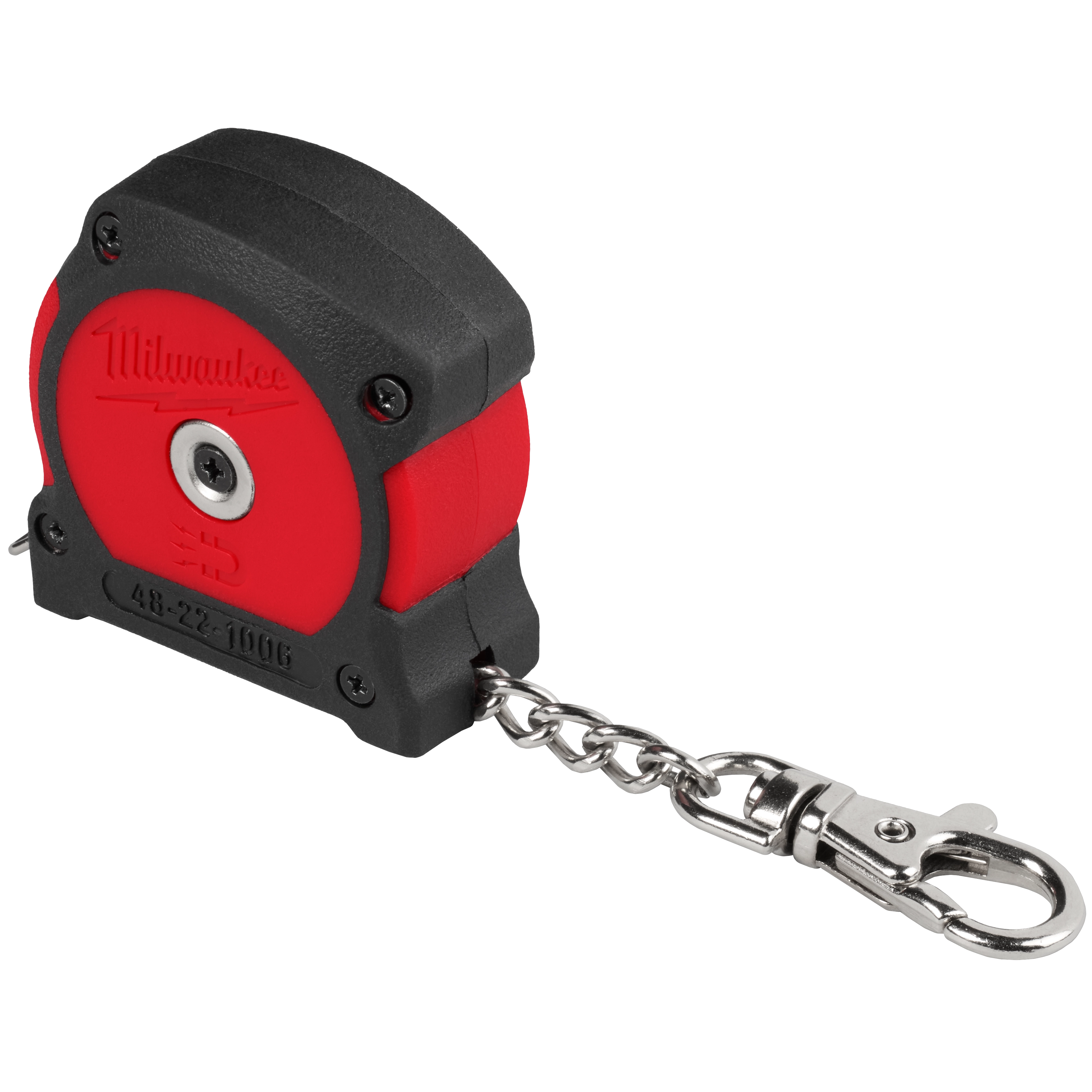 The image shows a Milwaukee Pipe Diameter Tape Measure. It has a black and red plastic casing, a retractable metal chain, and a keychain clip attached at the end. The tape measure is compact and designed to measure pipe diameters accurately.