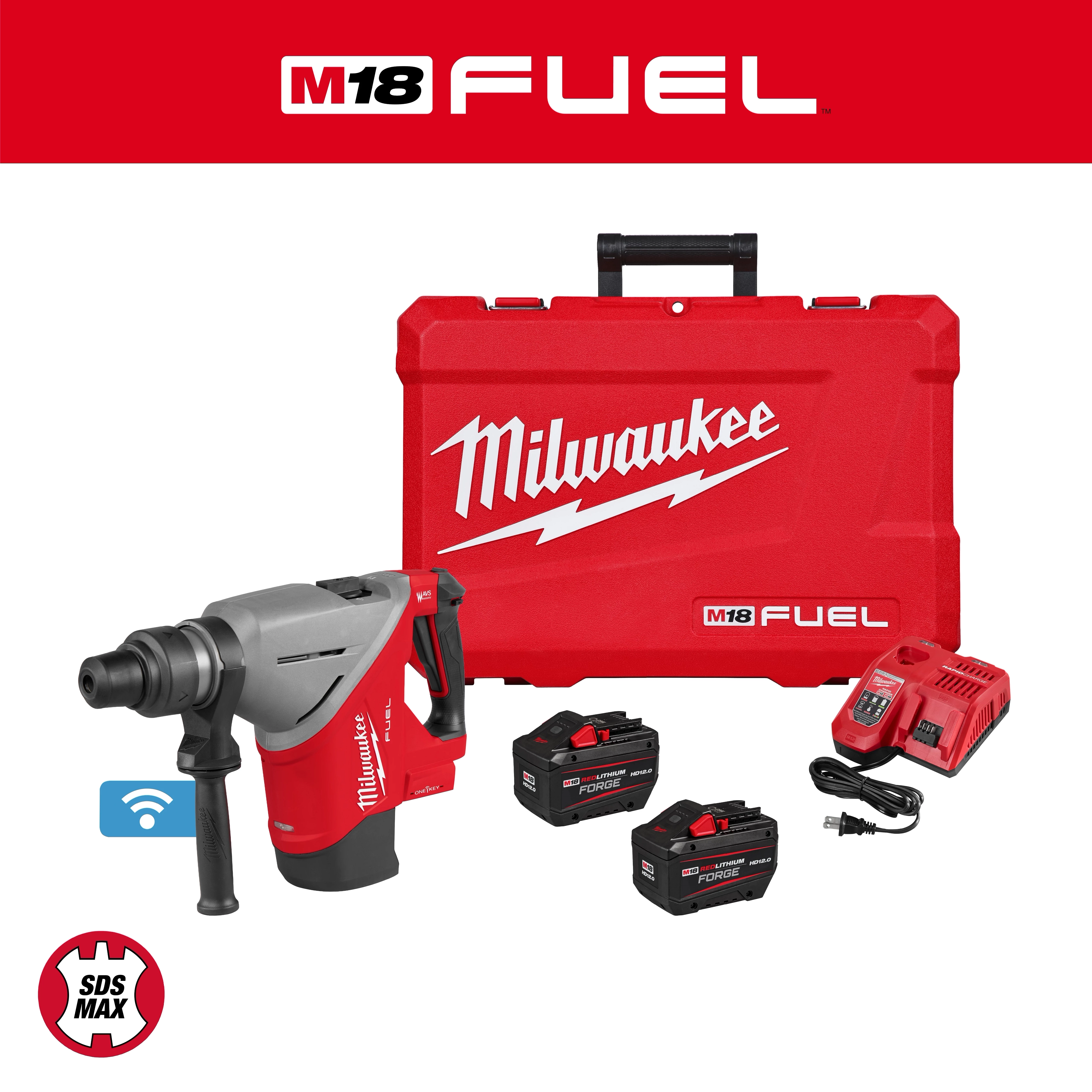 Milwaukee M18 FUEL 1-3/4" SDS MAX Rotary Hammer w/ ONE-KEY, carrying case, two batteries, and charger.