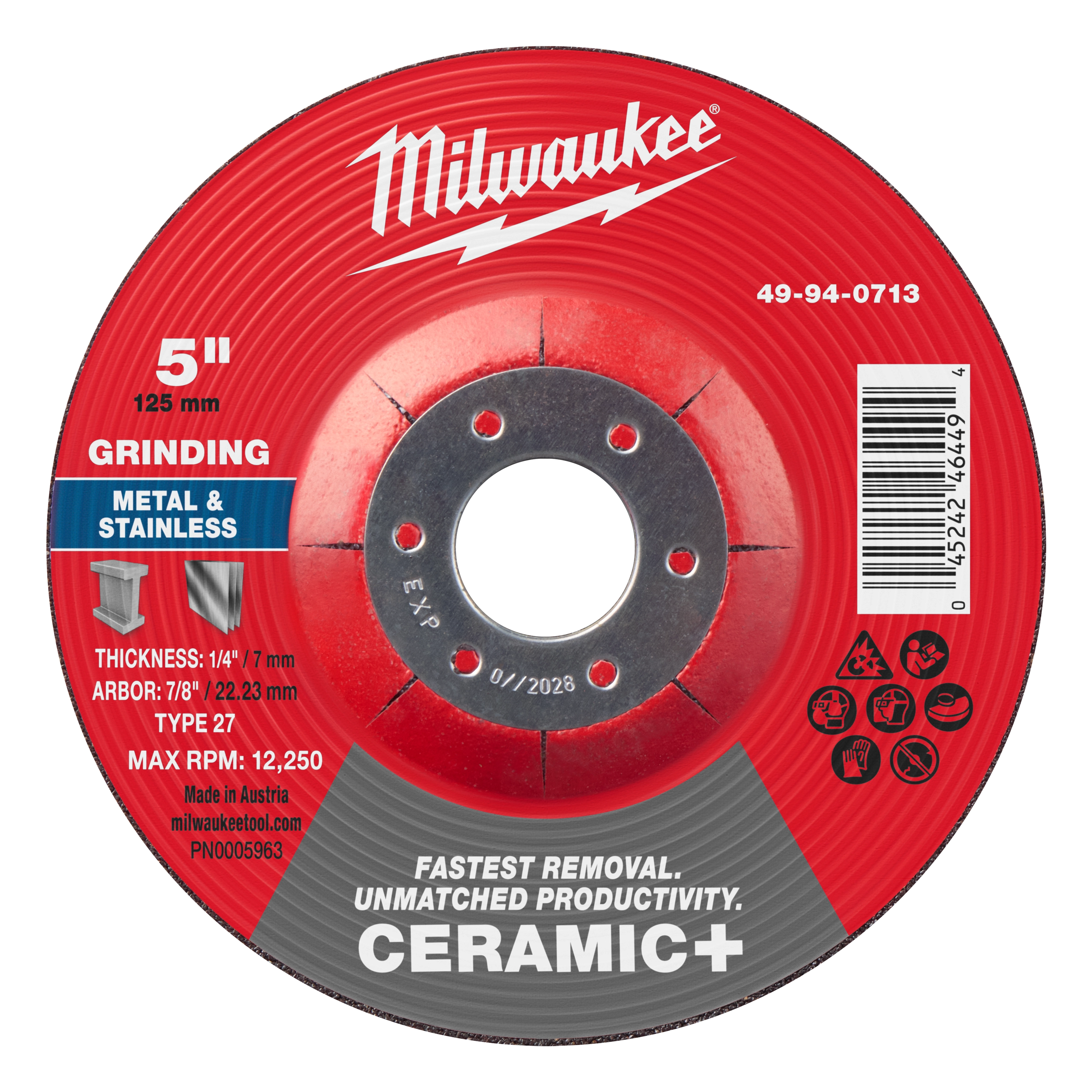 5" x 1/4" x 7/8" Ceramic+ Metal Grinding Wheel, Type 27. Designed for metal and stainless grinding, max RPM 12,250.