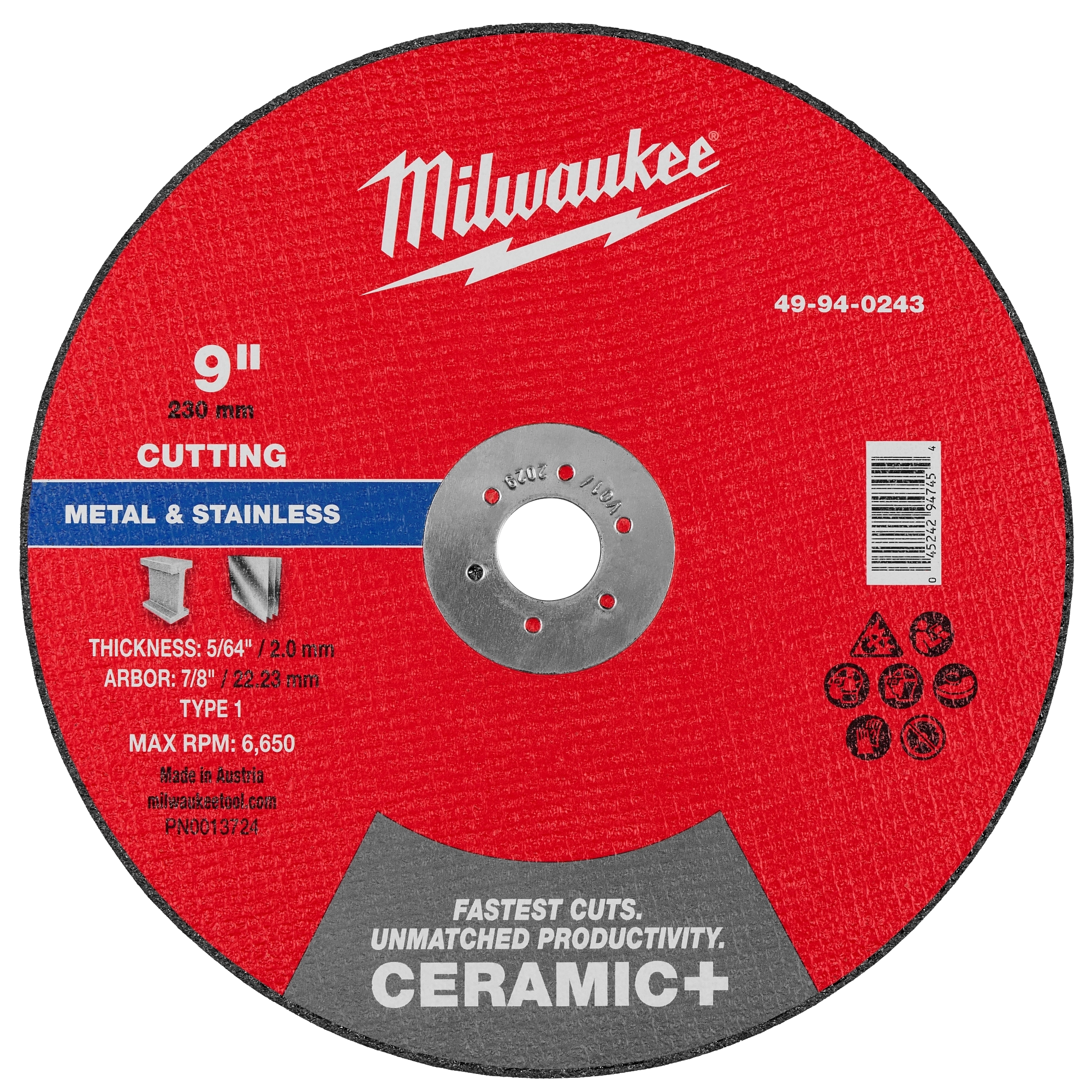 9" x 5/64" x 7/8" Ceramic+ Metal Cut Off Wheel -Type 1 with red label and central mounting hole.