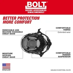 BOLT 4PT Safety Helmet - Type 2, Class E features a washable sweatband, moisture-wicking band, comfortable fabric, and padded suspension.