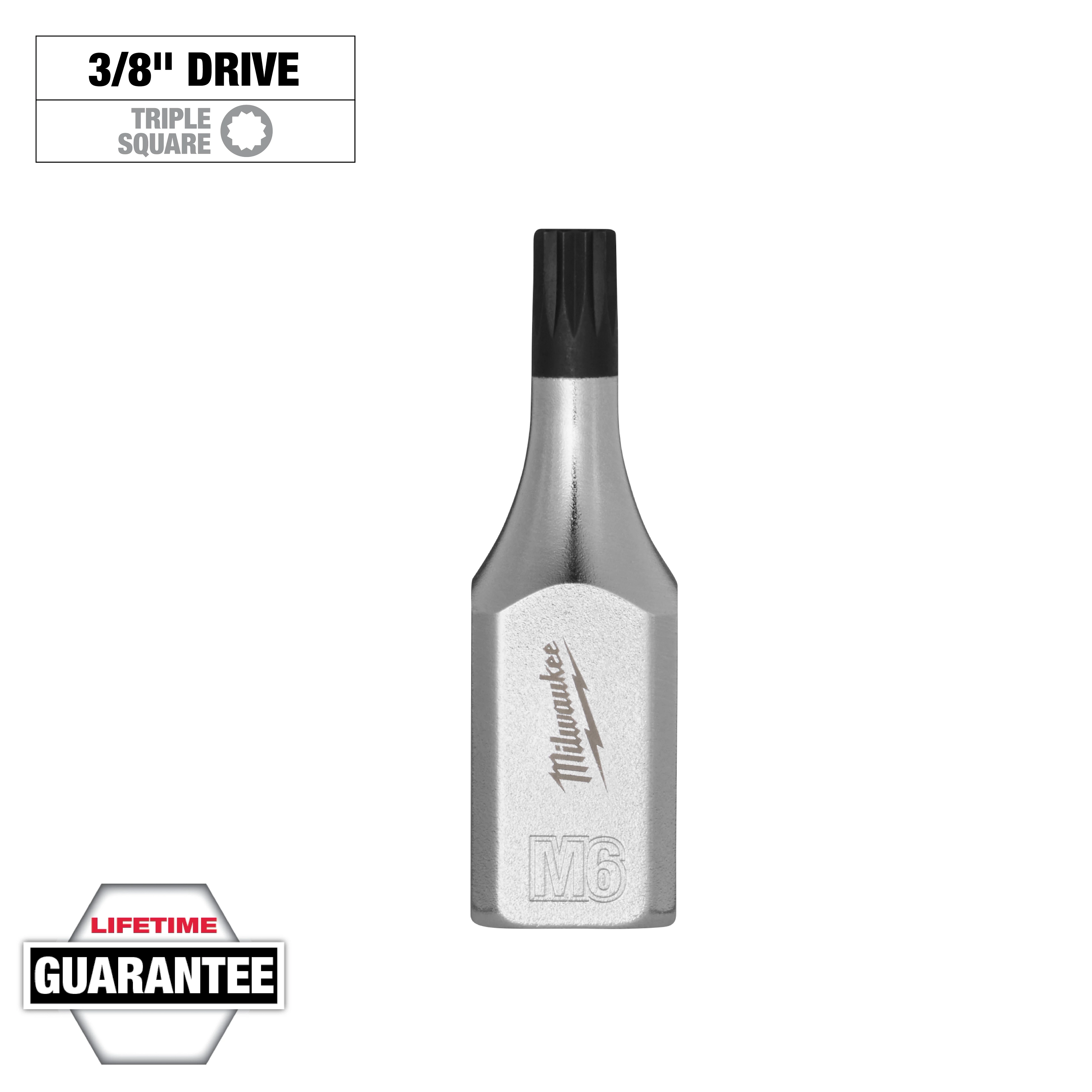 3/8" Drive 6mm Triple Square Bit Socket made of metal with a chrome finish, featuring the Milwaukee brand logo and M6 marking.