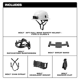 BOLT 4PT Full Brim Non-Vented Safety Helmet - Type 2, Class E, includes ratcheting suspension, sweatband, chin strap, headlamp mount, and marker clip.