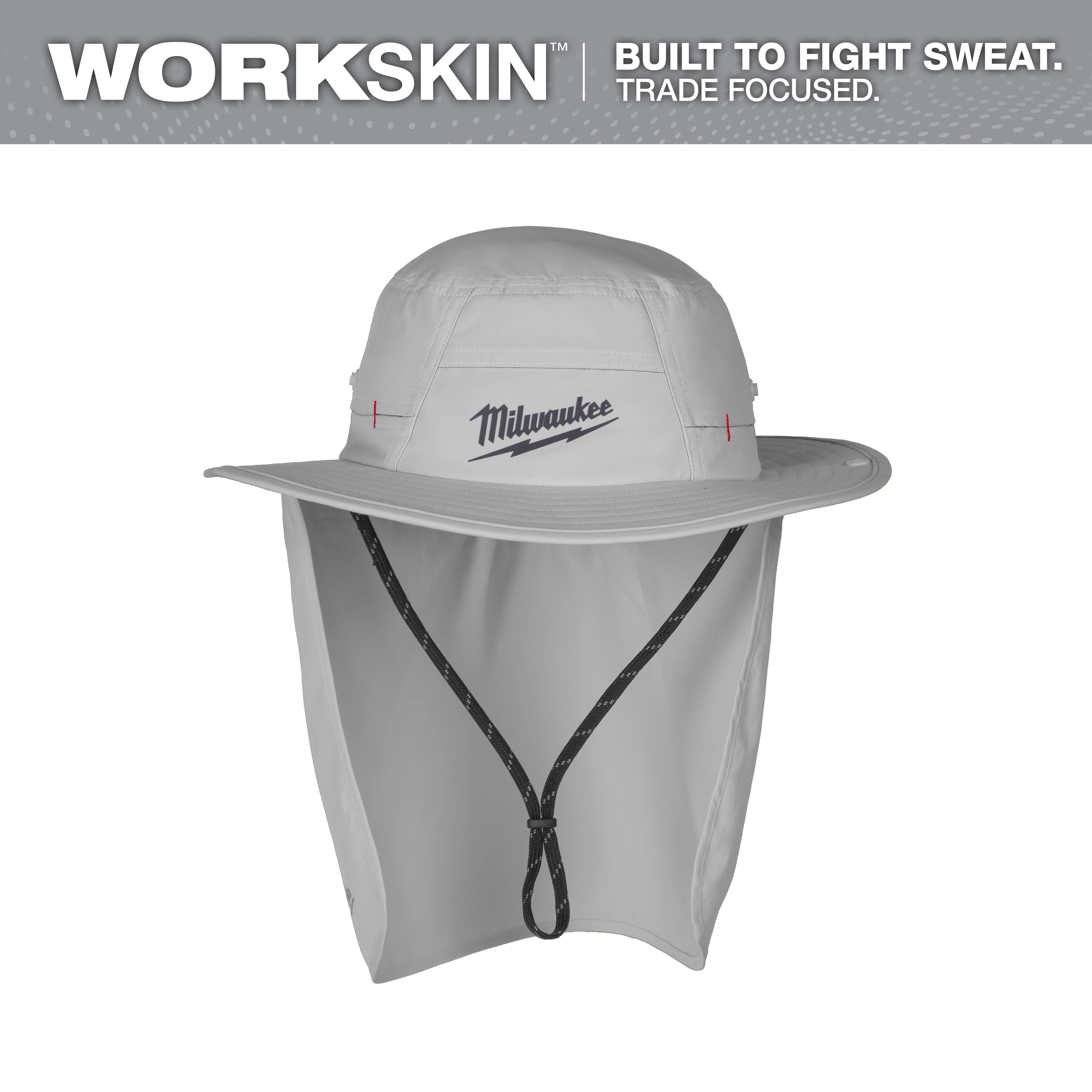 Gray WORKSKIN Sunshade Hat with a wide brim, neck flap, and adjustable chin strap. "Milwaukee" logo on the front.
