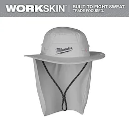 Gray WORKSKIN Sunshade Hat with a wide brim, neck flap, and adjustable chin strap. "Milwaukee" logo on the front.