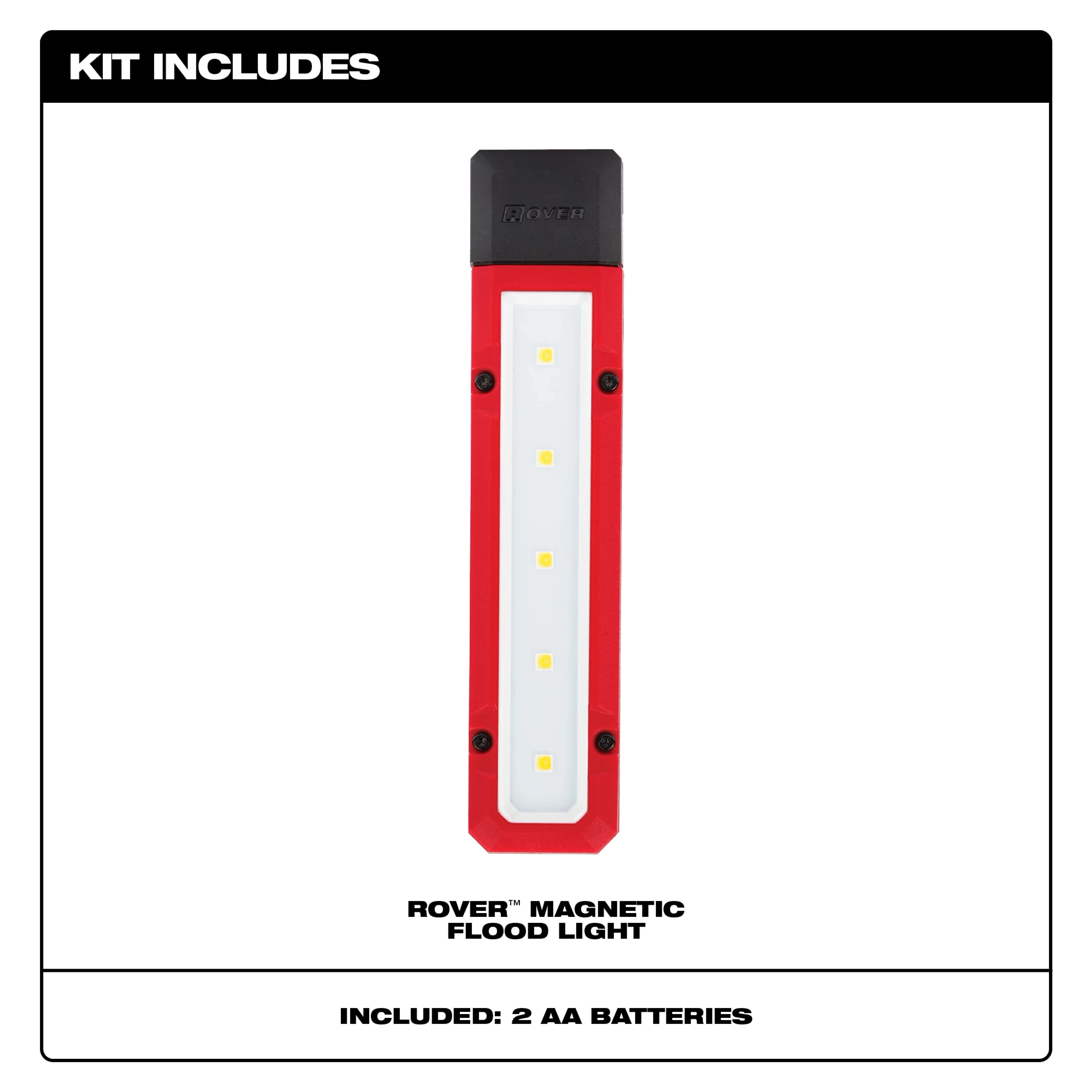 ROVER magnetic flood light with a red and black design. Kit includes the light and two AA batteries.
