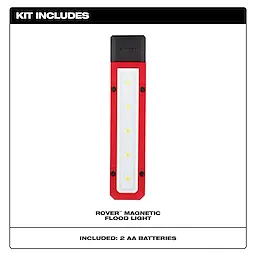 ROVER magnetic flood light with a red and black design. Kit includes the light and two AA batteries.