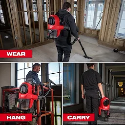 The M18 FUEL™ 3-in-1 Backpack Vacuum is shown in various usage modes: worn as a backpack, hung on a structure, and carried by hand. The vacuum is red and black, designed for versatility in different cleaning environments, as demonstrated in construction and maintenance settings.
