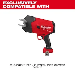This image features a Milwaukee M18 Fuel 1/2" - 1" steel pipe cutter model 3469-20 with a red and black design, displayed on a white background. The text "EXCLUSIVELY COMPATIBLE WITH" is shown at the top in red and white.