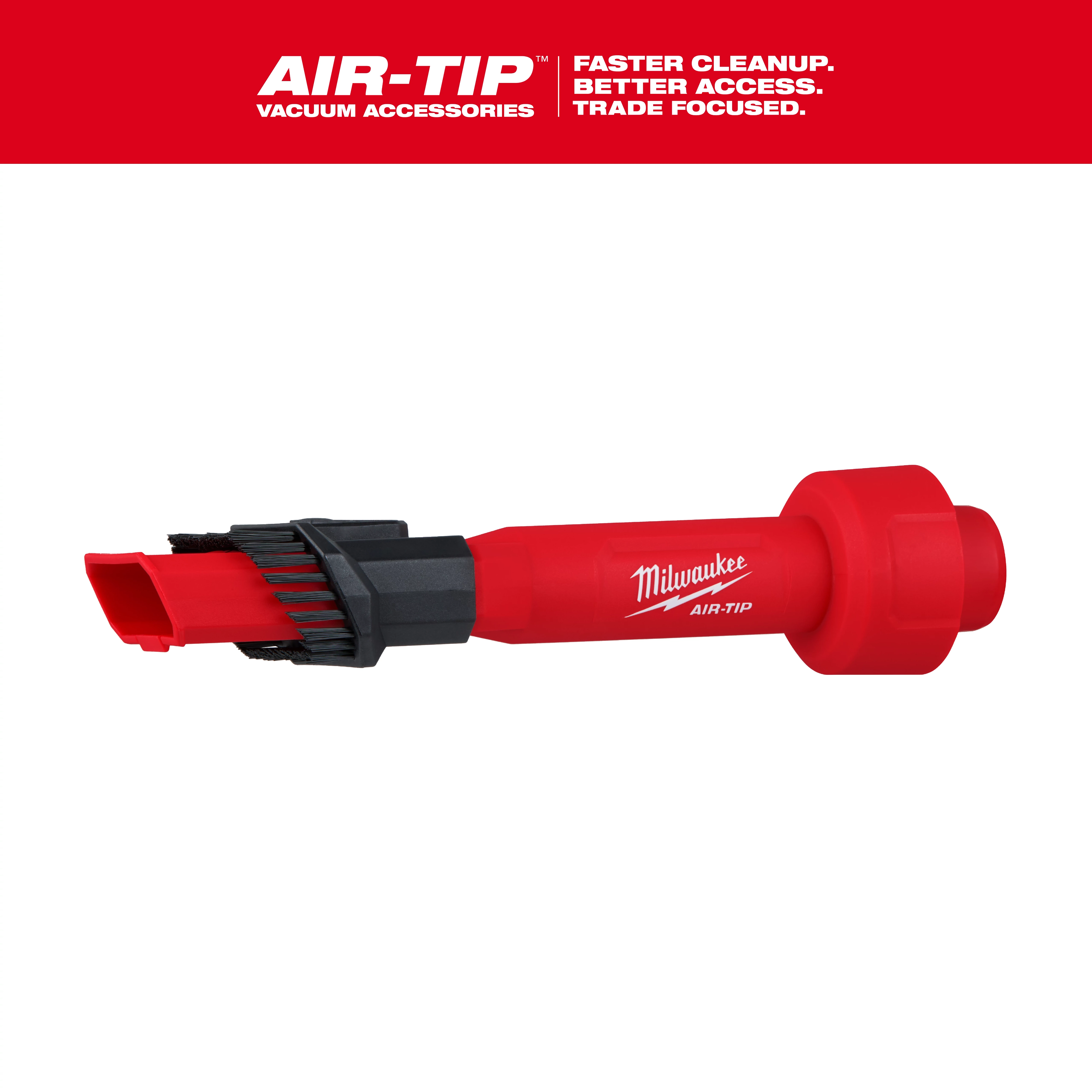 Image of the AIR-TIP™ 2-in-1 Utility Brush Tool. The tool is primarily red with black accents, featuring bristles and a sleek design. The product is displayed against a white background with a red banner at the top, displaying text promoting faster cleanup, better access, and trade focus.