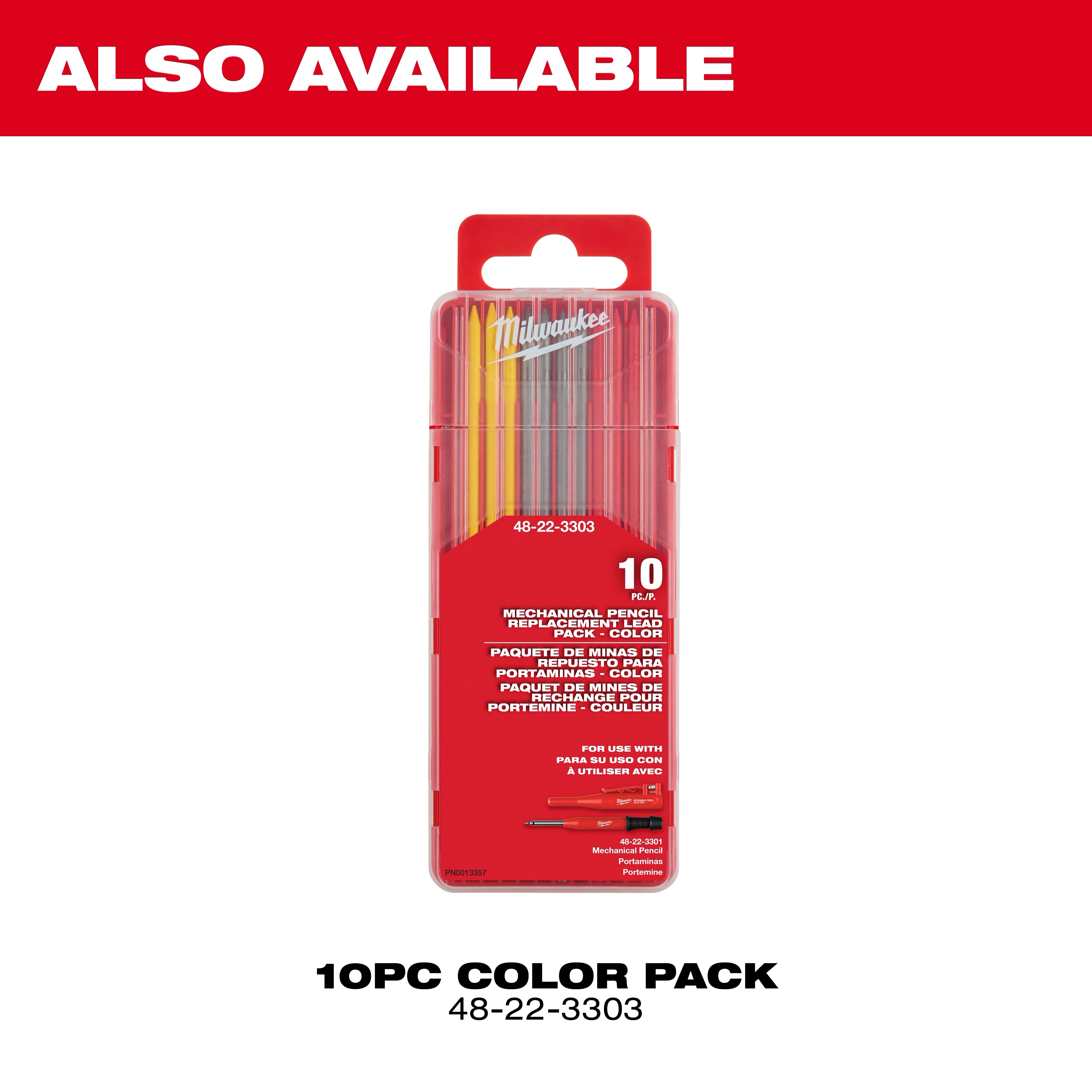 Mechanical Pencil with Lead Pack, 10-piece color pack, product number 48-22-3303, displayed in a red blister package.