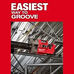 Image showing the M18™ FUEL™ RINGER™ Roll Groover for 2” – 6” Sch 10/40 attached to a metal pipe, with a metal framework ceiling in the background. Large text above reads, "Easiest Way to Groove."