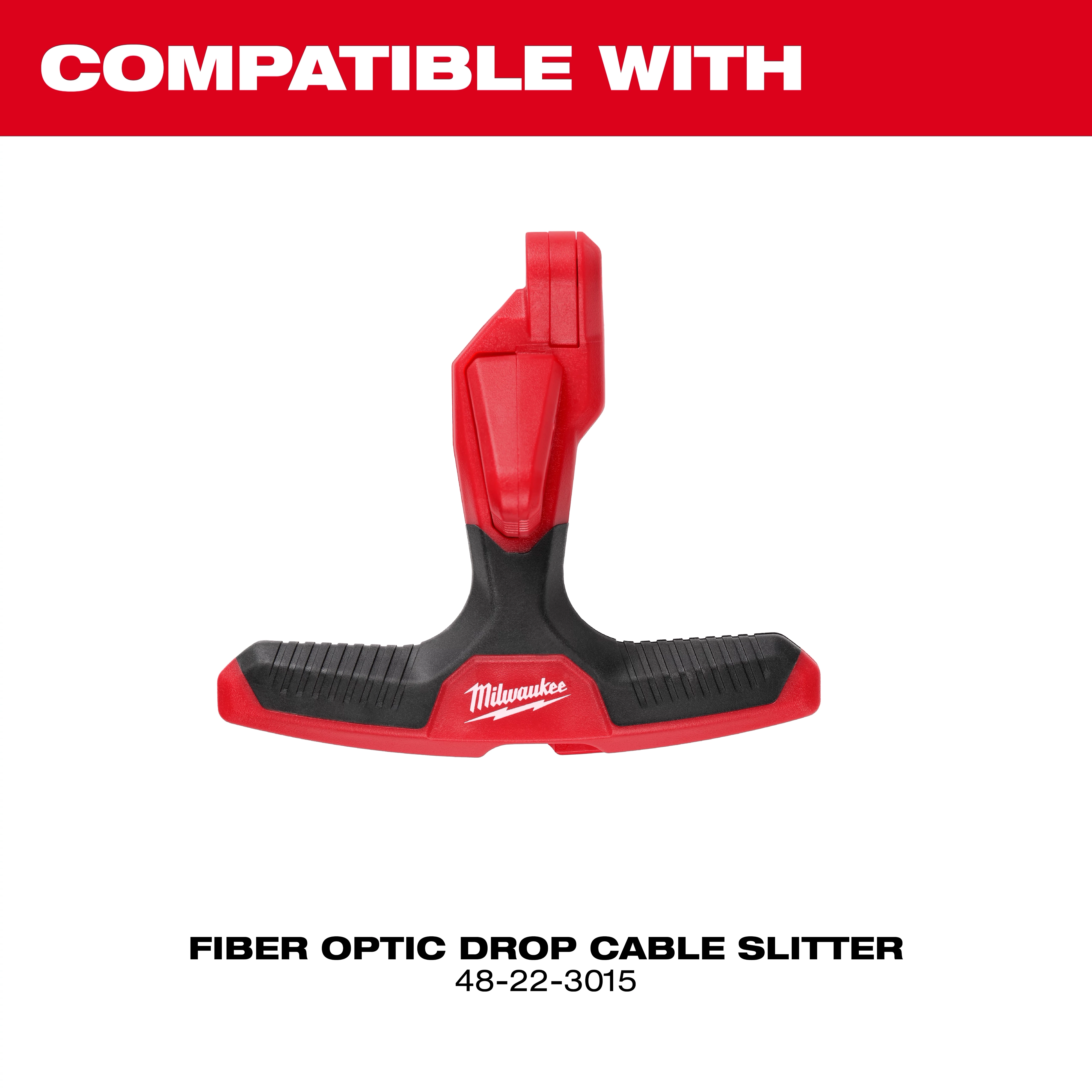 The image shows a red and black Milwaukee Fiber Optic Drop Cable Slitter with model number 48-22-3015. The tool features a T-shaped handle for easy grip and is labeled for compatibility.