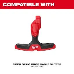 The image shows a red and black Milwaukee Fiber Optic Drop Cable Slitter with model number 48-22-3015. The tool features a T-shaped handle for easy grip and is labeled for compatibility.