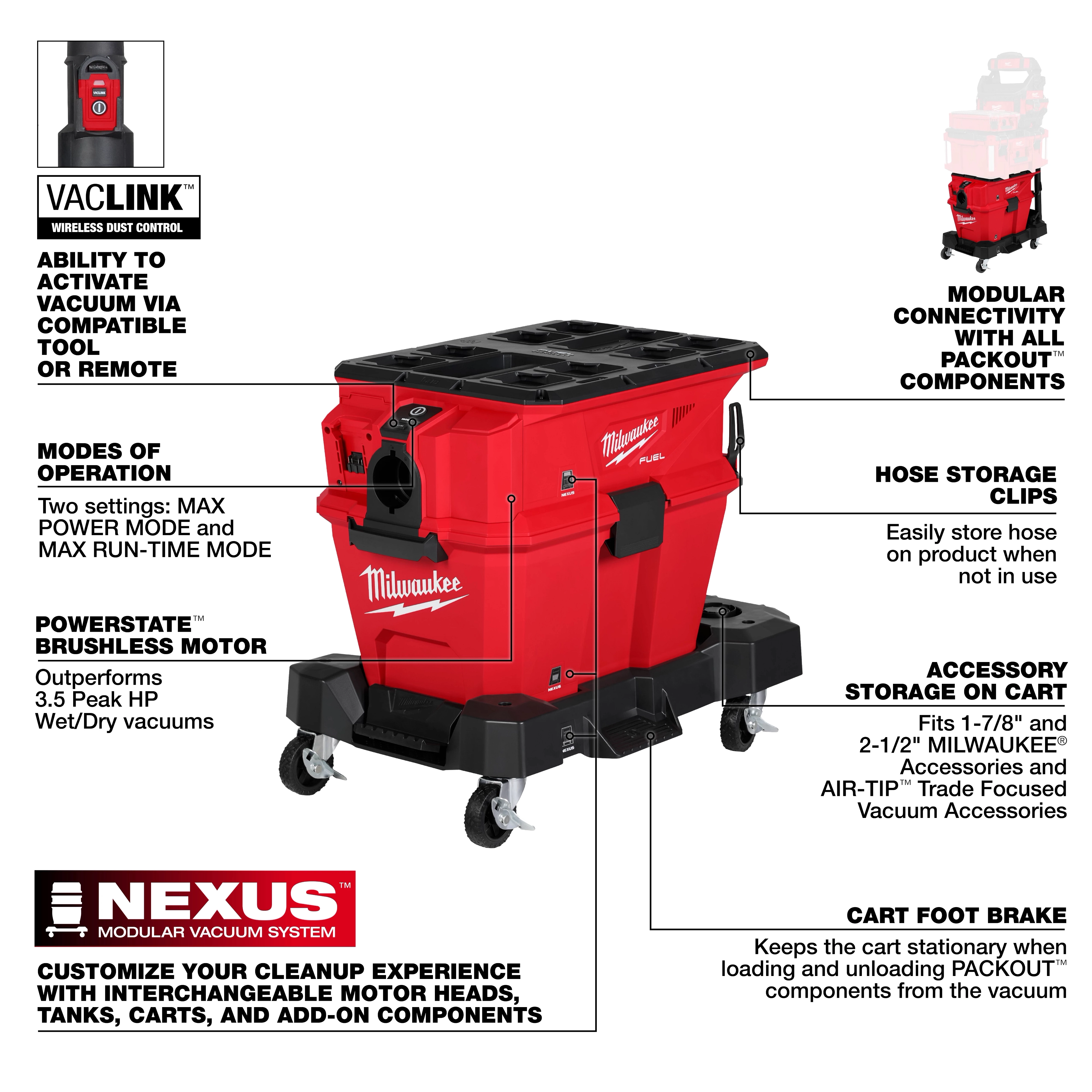 The M18 FUEL™ NEXUS™ 6 Gallon Wet/Dry Vacuum with PACKOUT™ Compatibility & VACLINK™ features a brushless motor, two operation modes, and modular connectivity. It includes hose storage clips, accessory storage, foot brake, and the ability to activate via compatible tool or remote for enhanced versatility.