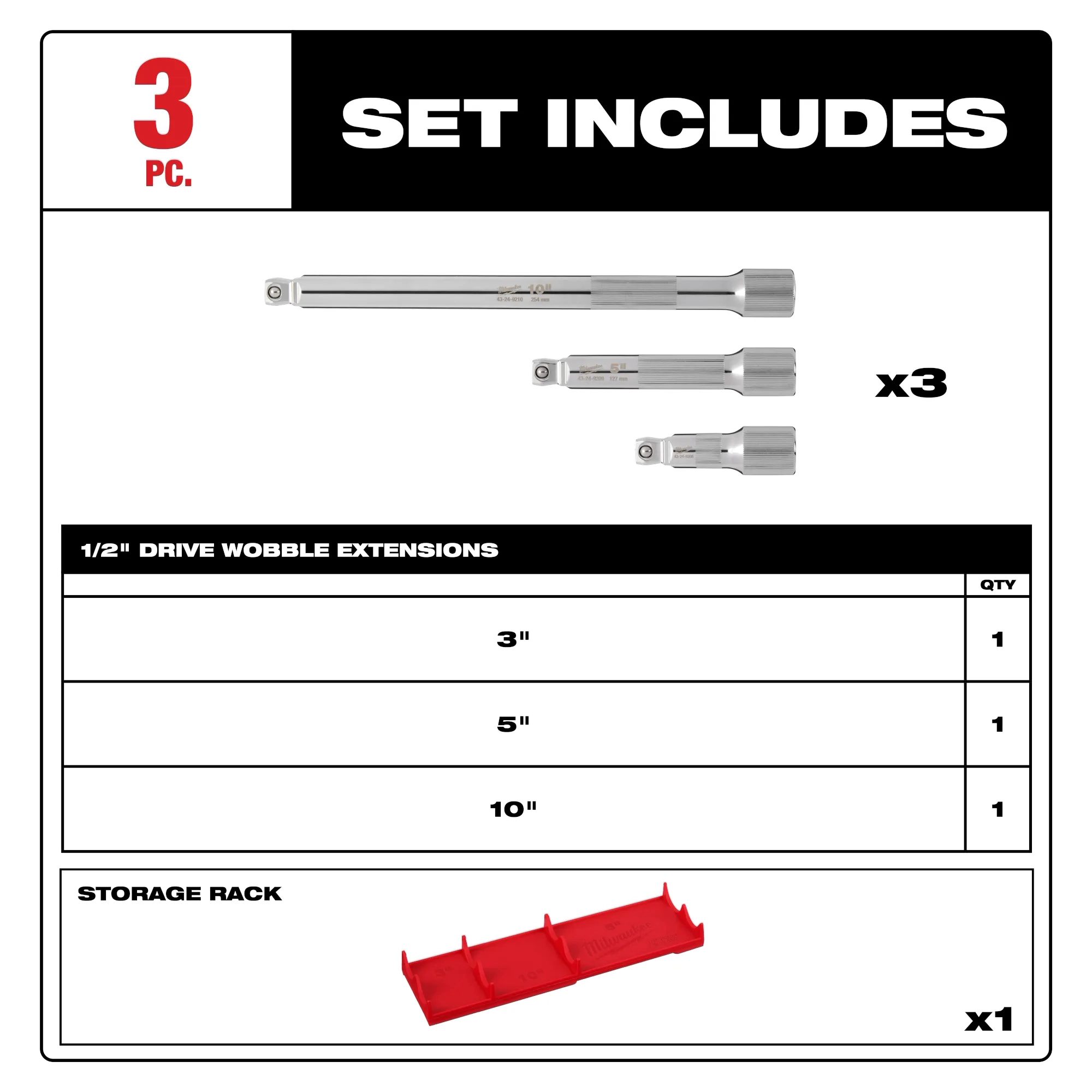 Set includes image of the Milwaukee 3PC 1/2” Drive Wobble Extension Set