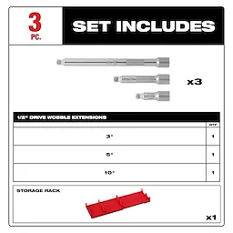 Set includes image of the Milwaukee 3PC 1/2” Drive Wobble Extension Set