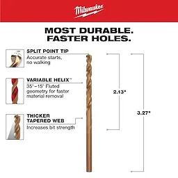 The 11/64 in. Cobalt Red Helix Drill Bit features a split point tip for accurate starts, variable helix for faster material removal, and a thicker tapered web for increased bit strength. It measures 2.13 inches in length with overall dimensions of 3.27 inches.