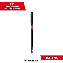 The image shows a 6-inch SHOCKWAVE Impact Duty Magnetic Bit Holder. It is black with a red label in the middle and is packaged in a set of 10 pieces.