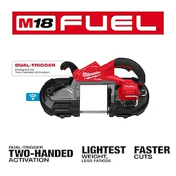 Image of an M18 FUEL™ Dual Trigger Deep Cut Band Saw. The saw is primarily red and black with a central cutting area. Text highlights dual-trigger, light weight, and faster cuts, designed for two-handed activation. The Milwaukee logo is visible on the tool.