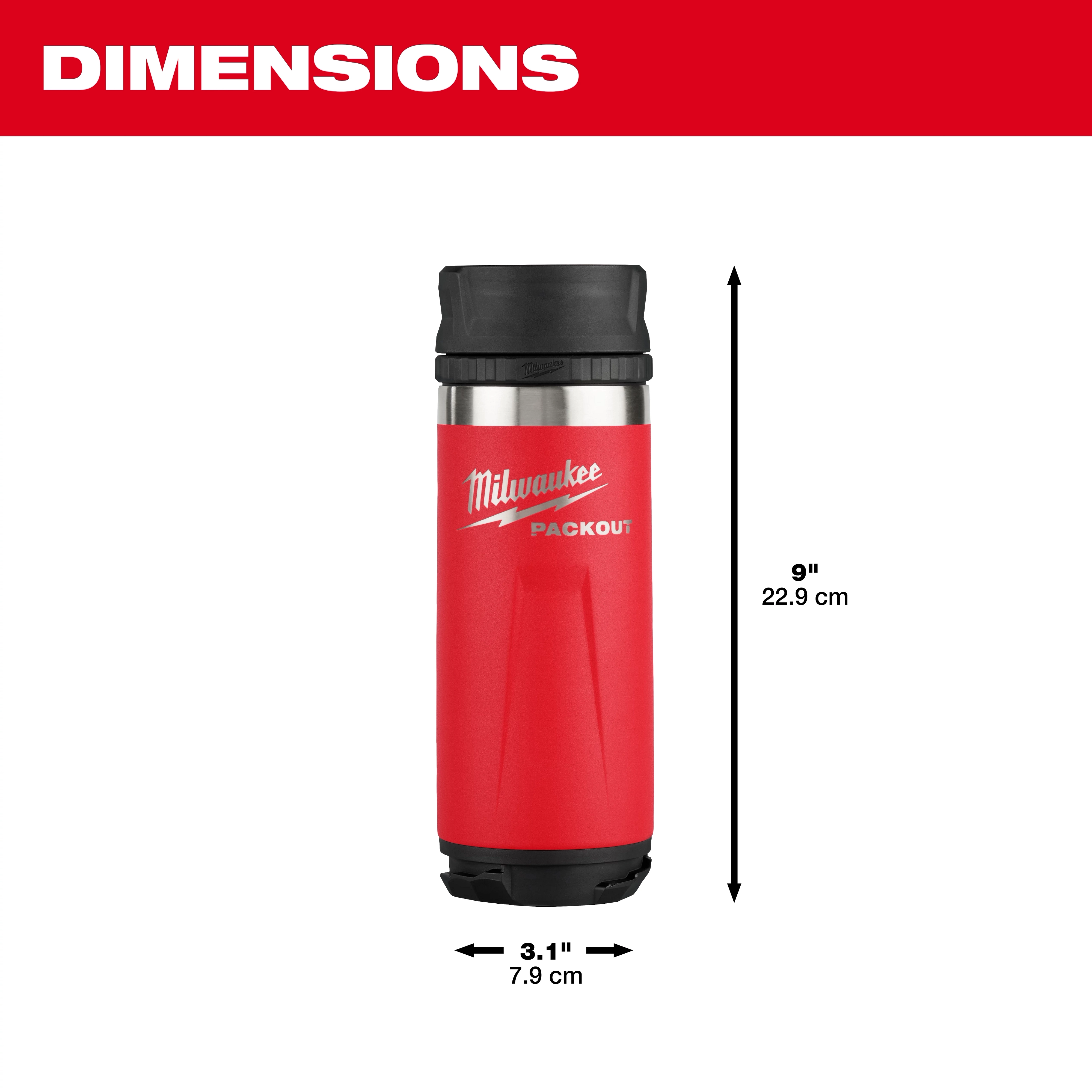Red PACKOUT 18oz Insulated Bottle with Sip Lid, measuring 9 inches (22.9 cm) tall and 3.1 inches (7.9 cm) wide.