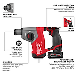 Red Milwaukee drill with SDS Plus chuck, powerstate brushless motor, AVS anti-vibration system, shadowless lighting, hang hook, and three