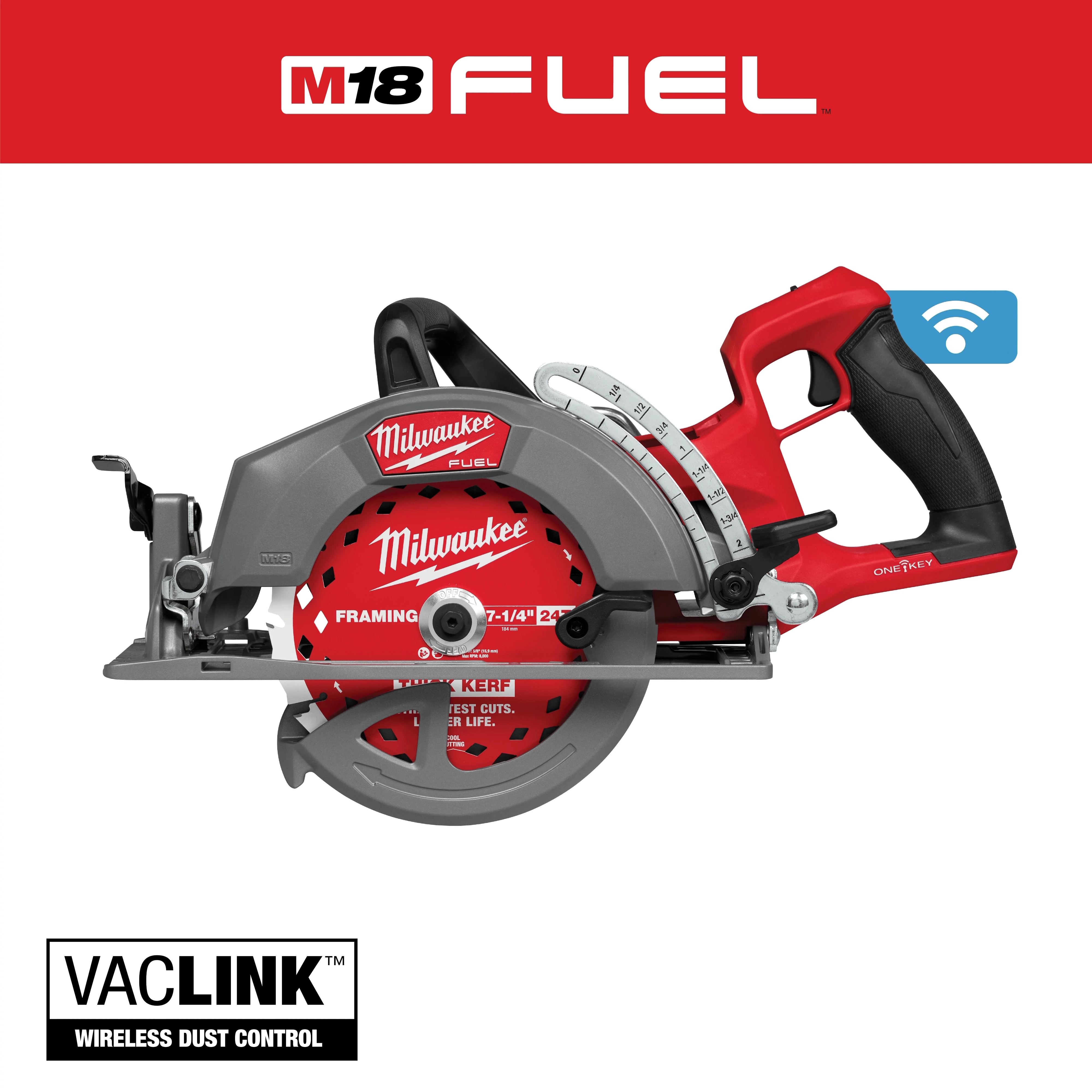M18 FUEL 7-1/4" Rear Handle Circular Saw w/ONE-KEY featuring a red and silver body, ergonomic handle, and digital display.