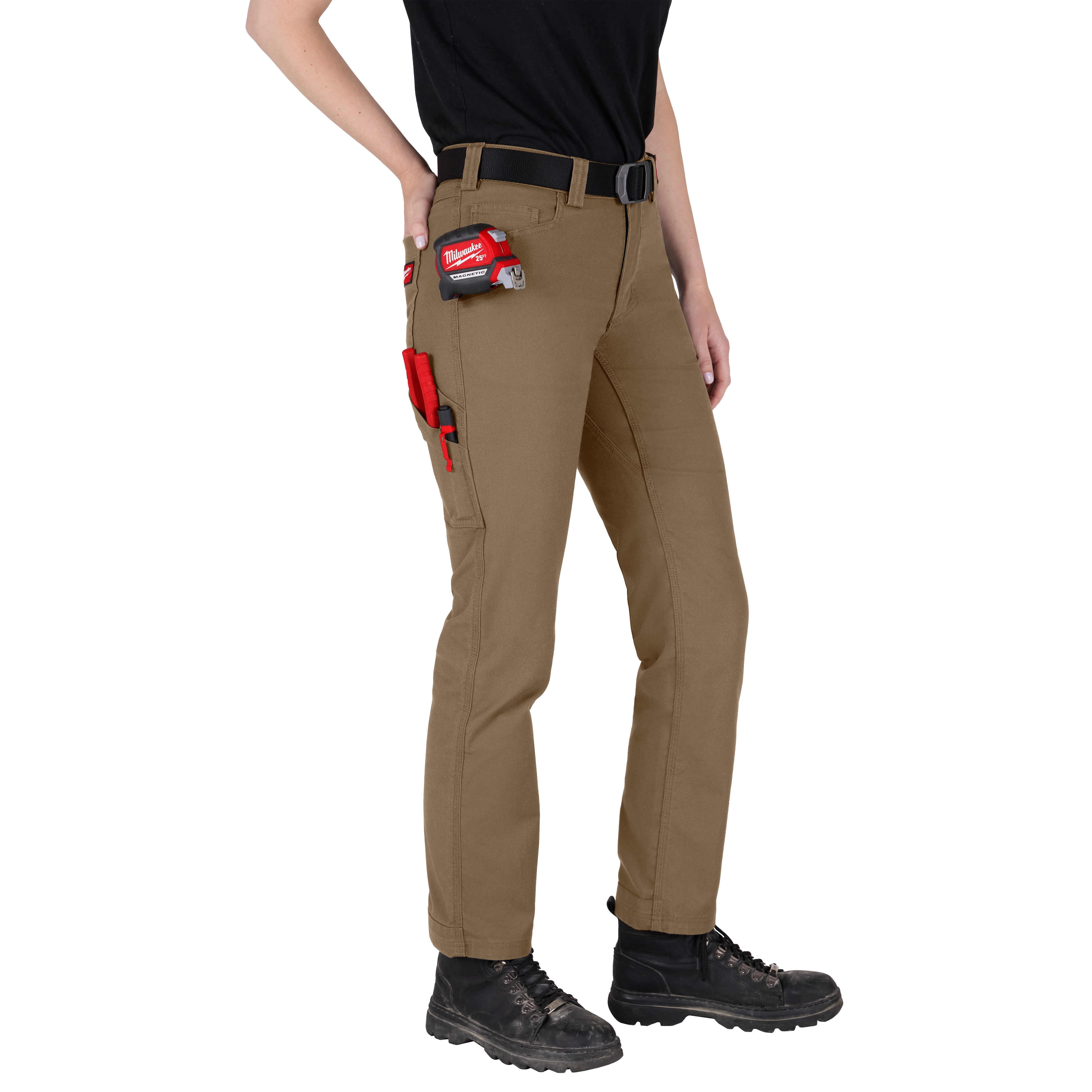 Khaki-colored women's work pants with belt loops and front pockets. The pants have a straight-leg design and a professional look, suitable for workplace settings. Label reads "Women's Work Pants - Khaki".