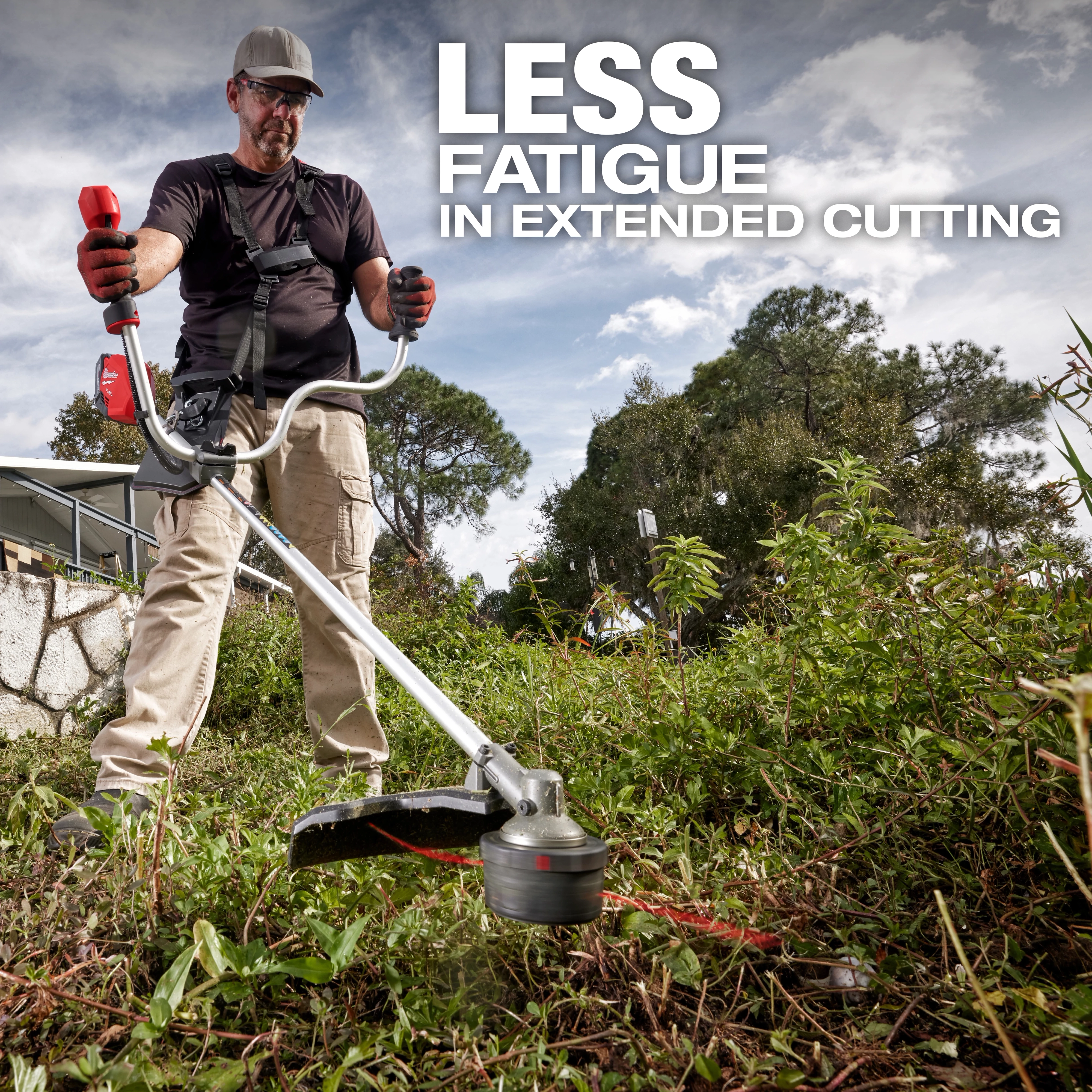 A person operates a grass trimmer in a garden, surrounded by overgrown vegetation. The text in the image reads, "LESS FATIGUE IN EXTENDED CUTTING." The person is wearing a harness and holding the trimmer with both hands. A house and trees are visible in the background.