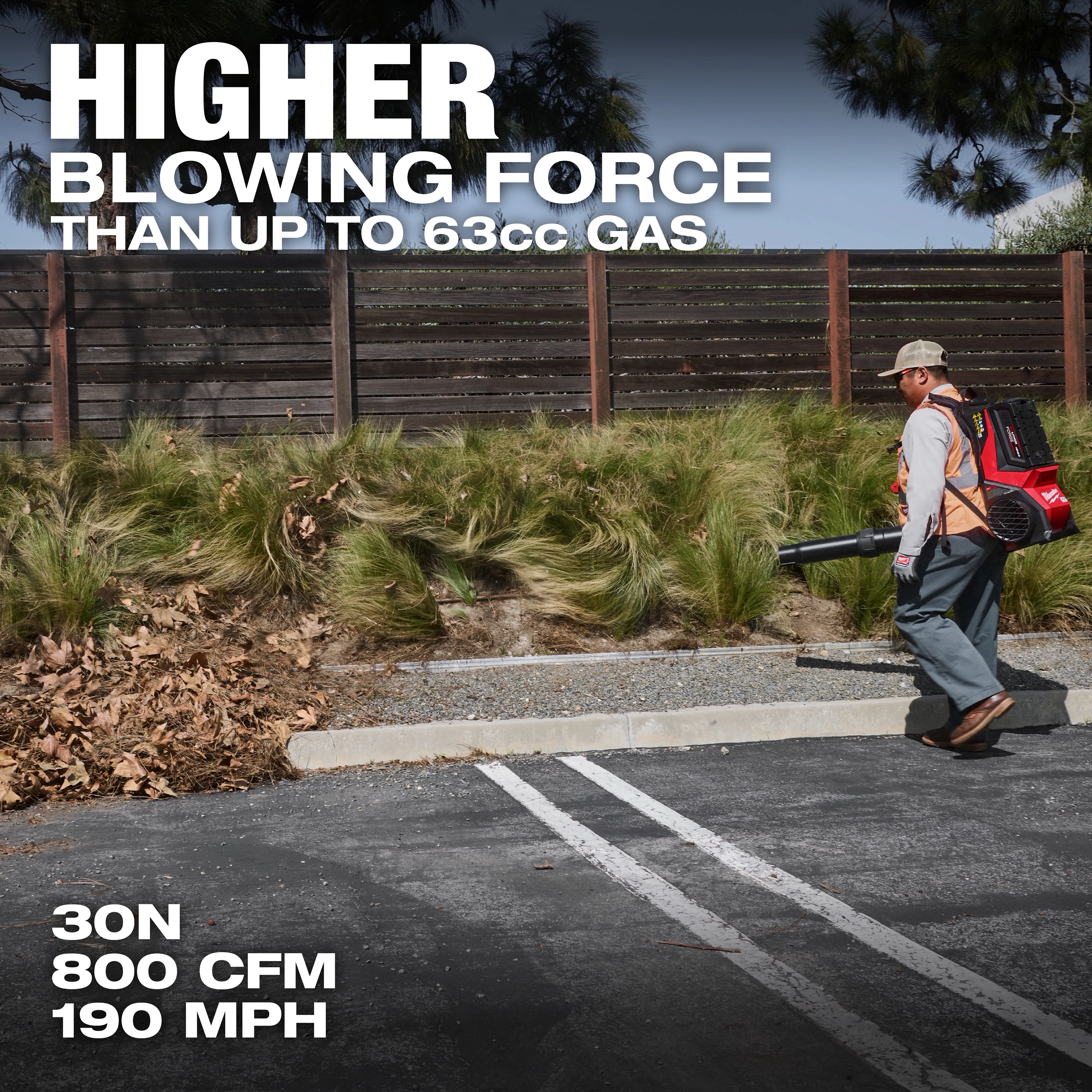 A person uses the MX FUEL™ Backpack Blower in a parking lot to clear leaves, with text highlighting its higher blowing force than 63cc gas blowers. The blower specifications are displayed: 30N, 800 CFM, and 190 MPH.