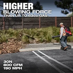 A person uses the MX FUEL™ Backpack Blower in a parking lot to clear leaves, with text highlighting its higher blowing force than 63cc gas blowers. The blower specifications are displayed: 30N, 800 CFM, and 190 MPH.
