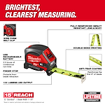 25ft Compact Wide Blade Magnetic Tape Measure w/ Rechargeable 100L Light