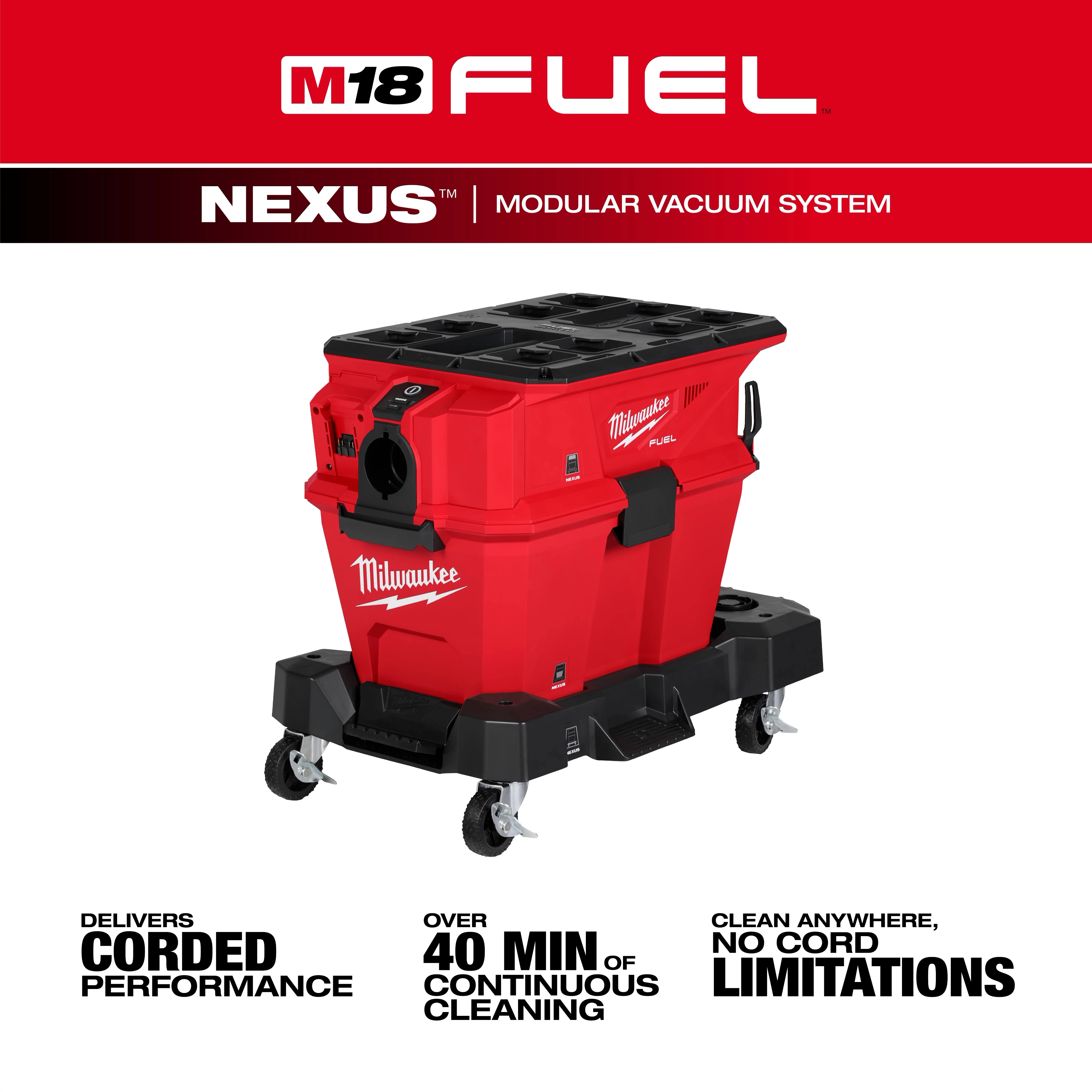 The M18 FUEL™ NEXUS™ 6 Gallon Wet/Dry Vacuum with PACKOUT™ Compatibility & VACLINK™ is a modular vacuum system by Milwaukee. It features over 40 minutes of continuous cleaning and delivers corded performance with no cord limitations. The vacuum is red and mounted on four caster wheels.