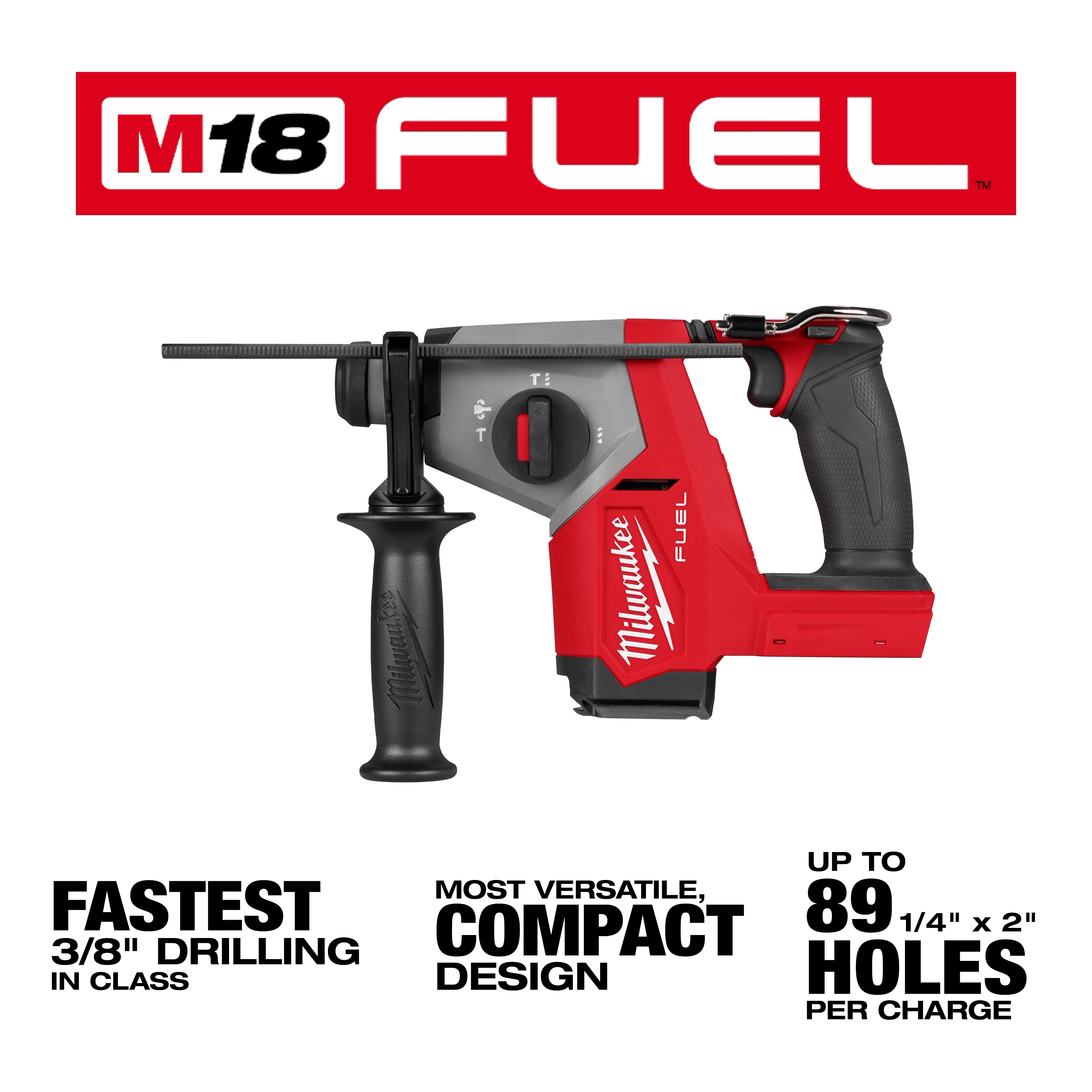 Image of the M18 FUEL™ 5/8" SDS Plus Rotary Hammer. The hammer is black and red with a side handle. Text highlights its fast drilling, compact design, and capability of drilling up to 89 holes per charge.
