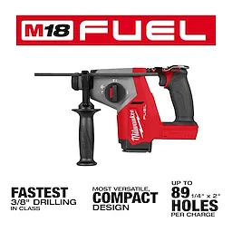 Image of the M18 FUEL™ 5/8" SDS Plus Rotary Hammer. The hammer is black and red with a side handle. Text highlights its fast drilling, compact design, and capability of drilling up to 89 holes per charge.