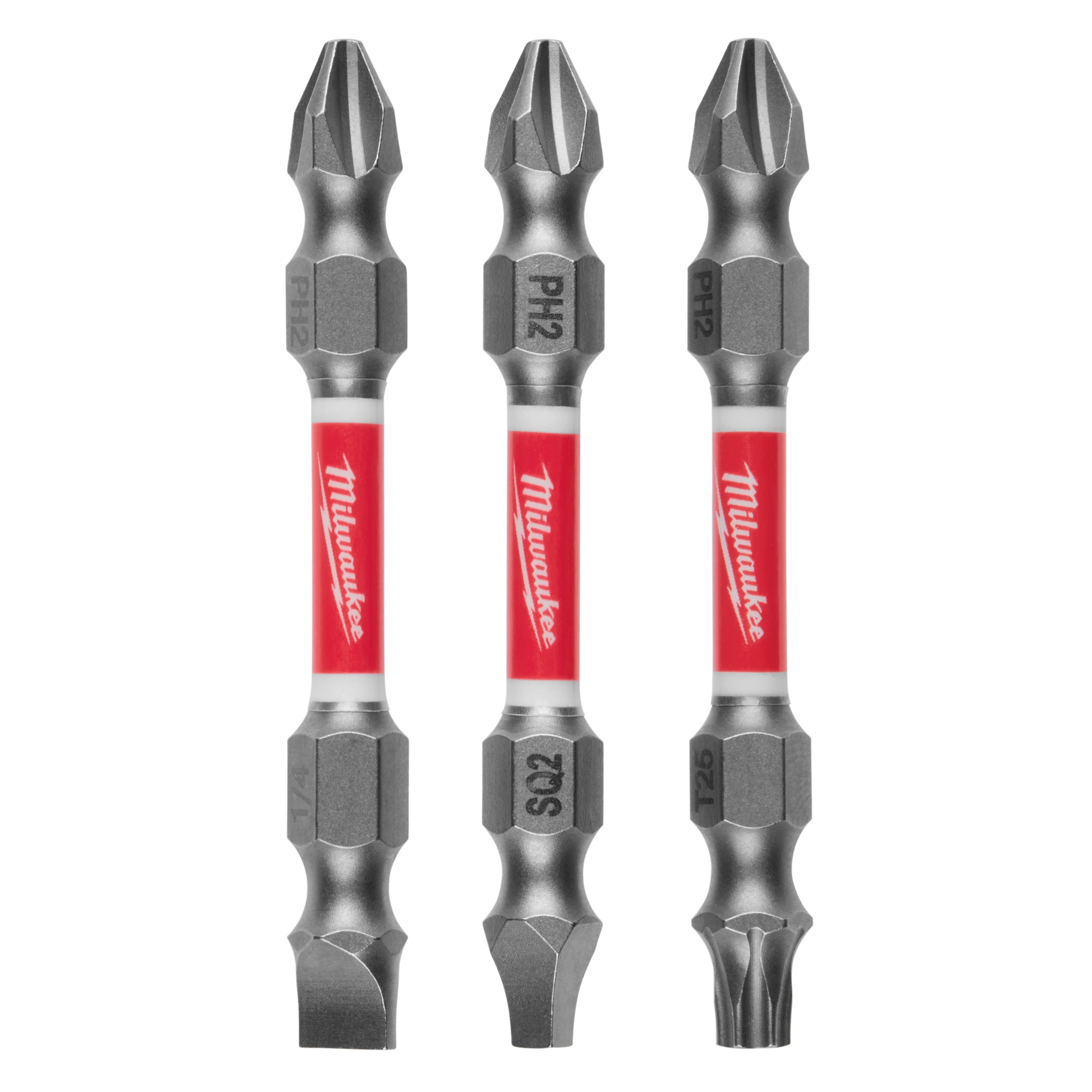 The image shows three Milwaukee double-ended screwdriver bits with a red Milwaukee logo in the middle. The bits are labeled PH2, SQ2, and T26, and they have gray metallic ends with different tip types for various screws.