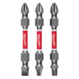 The image shows three Milwaukee double-ended screwdriver bits with a red Milwaukee logo in the middle. The bits are labeled PH2, SQ2, and T26, and they have gray metallic ends with different tip types for various screws.