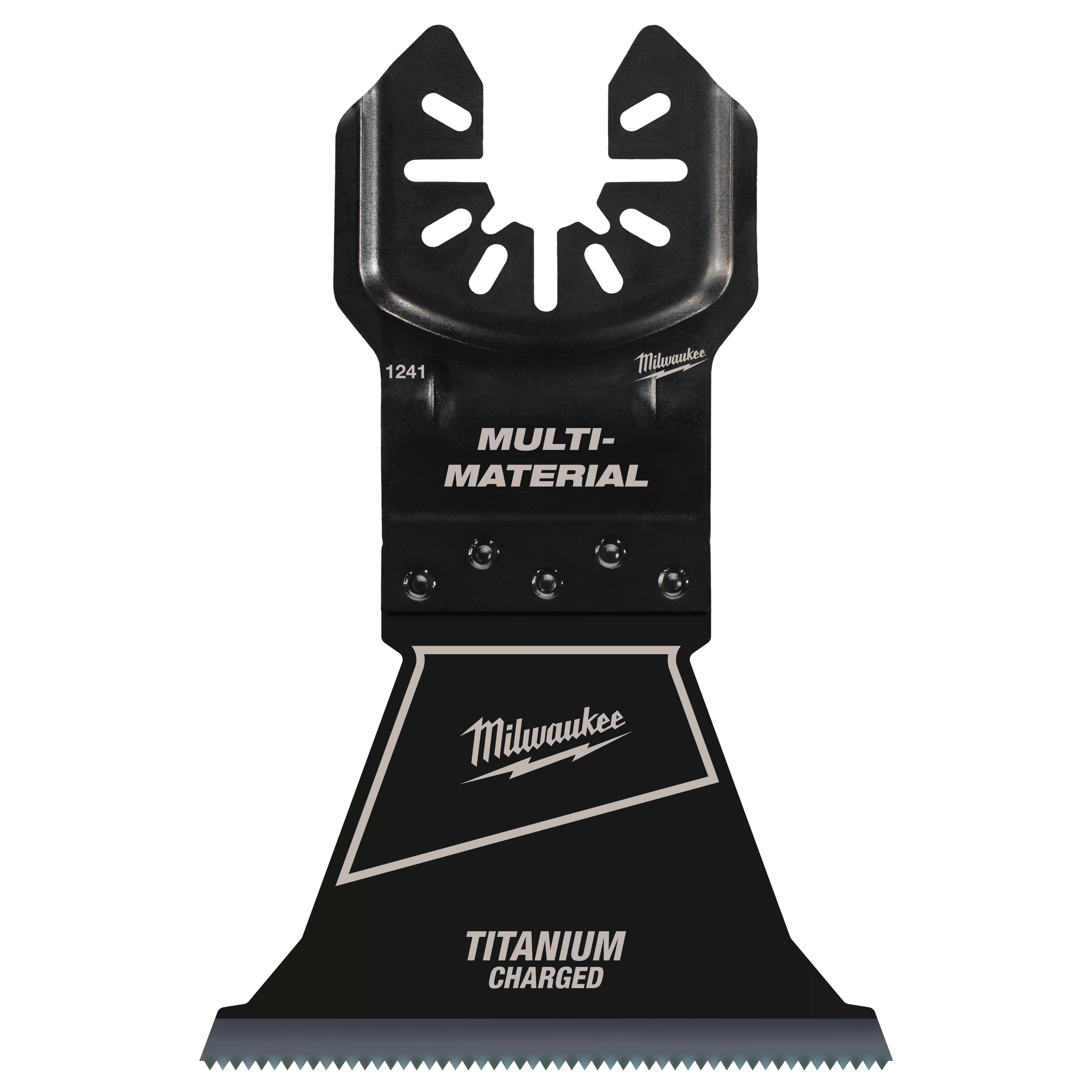 Milwaukee Open-Lok 2-1/2" Titanium Charged Bi-Metal Multi-Material Multi-Tool Blade, featuring a black design with labeled segments.