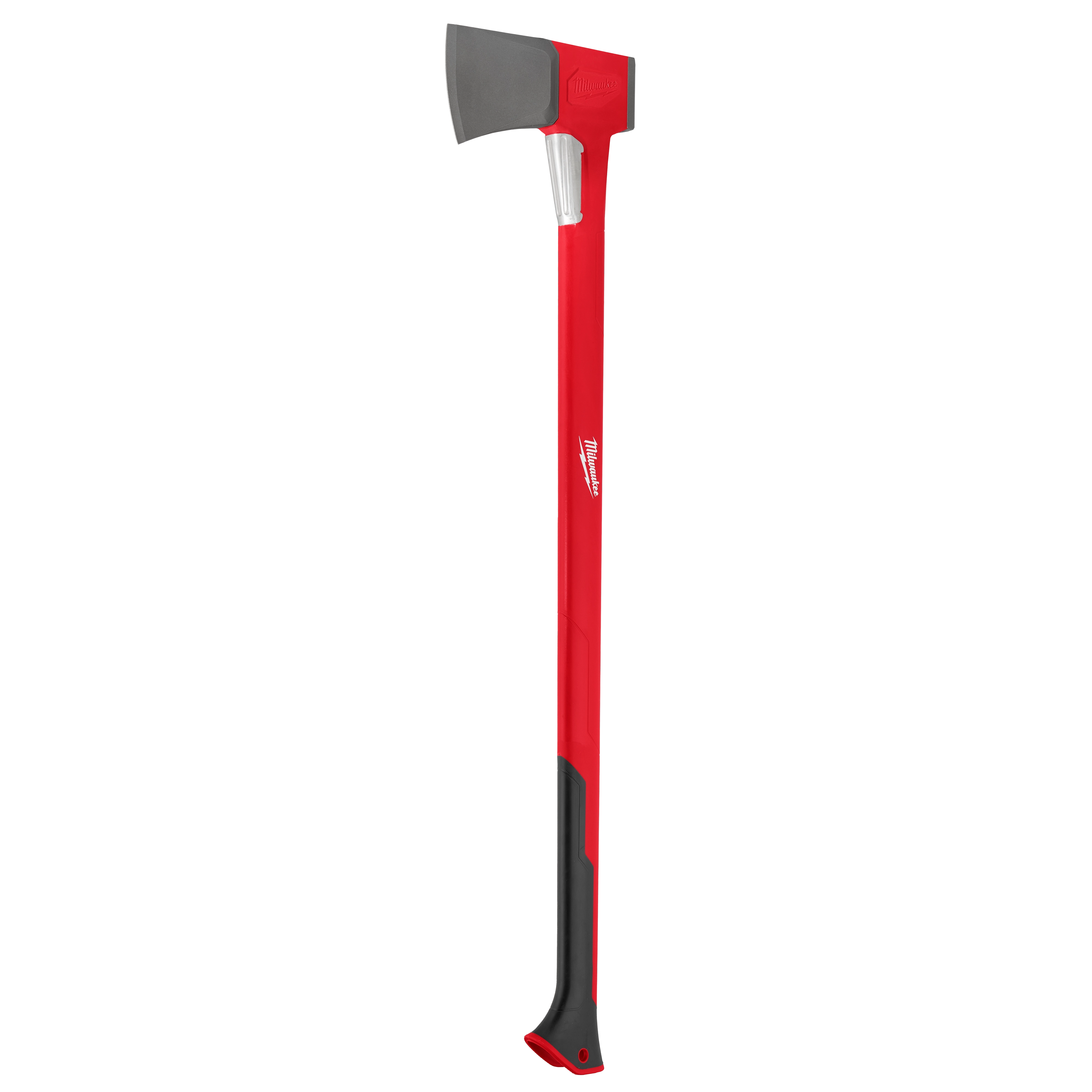 The 36" Splitting Axe features a long red handle with a black grip for comfort and control. Its sturdy, sharp steel head is designed for effective splitting. The axe has a sleek, durable design suitable for heavy-duty wood chopping tasks.