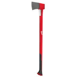 The 36" Splitting Axe features a long red handle with a black grip for comfort and control. Its sturdy, sharp steel head is designed for effective splitting. The axe has a sleek, durable design suitable for heavy-duty wood chopping tasks.