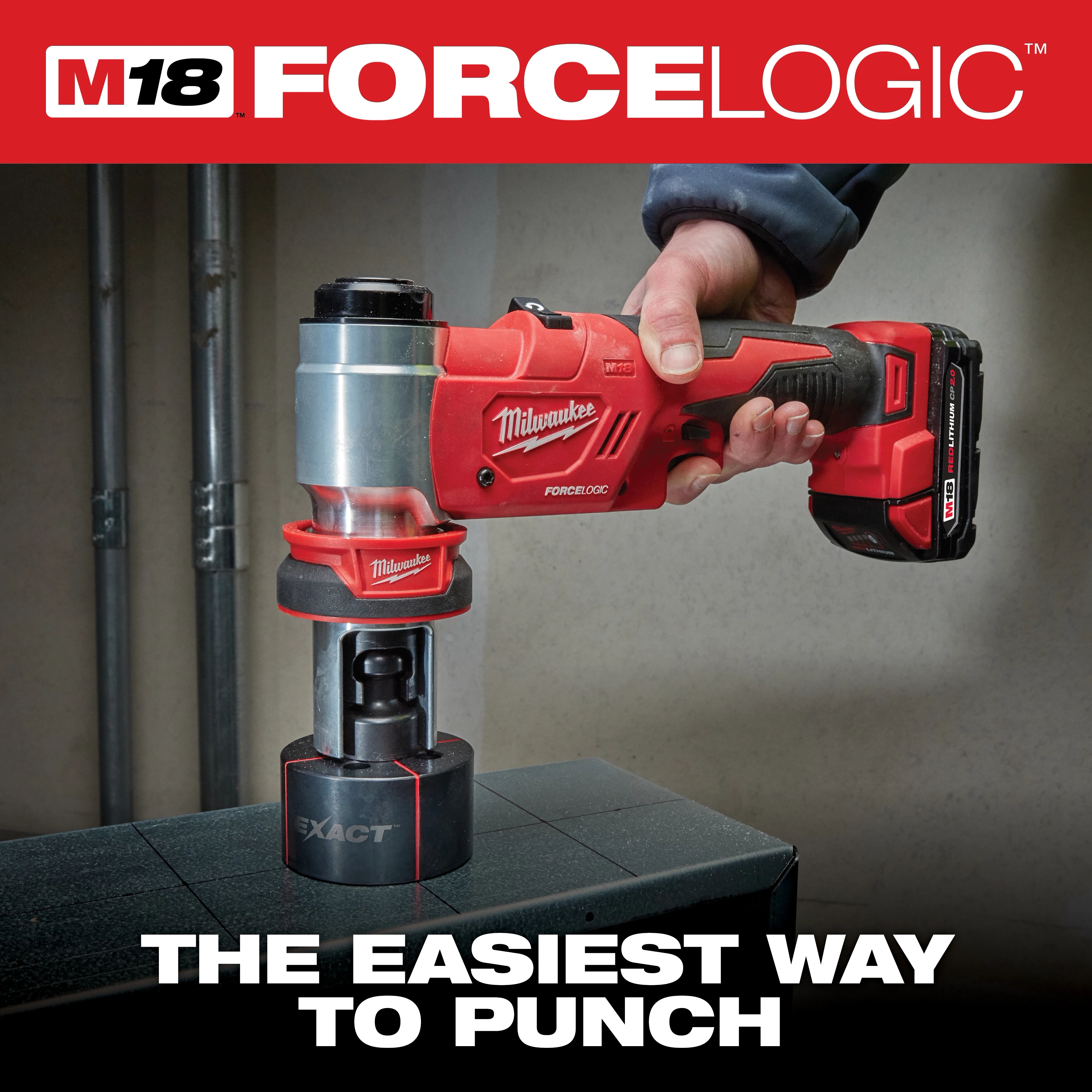 The Milwaukee M18 FORCELOGIC tool is held by a user, positioned above a metal surface, demonstrating its punching capability. The image features bold text stating "THE EASIEST WAY TO PUNCH" and showcases the tool’s efficient performance in an industrial setting.