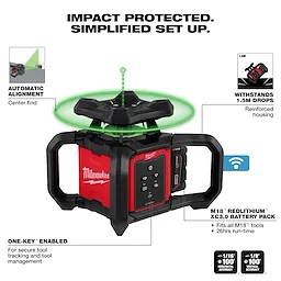 Walkaround image of the Milwaukee M18 Green Interior Rotary Laser Level Kit w/ Remote/Receiver & Wall Mount Bracket highlighting its USPs
