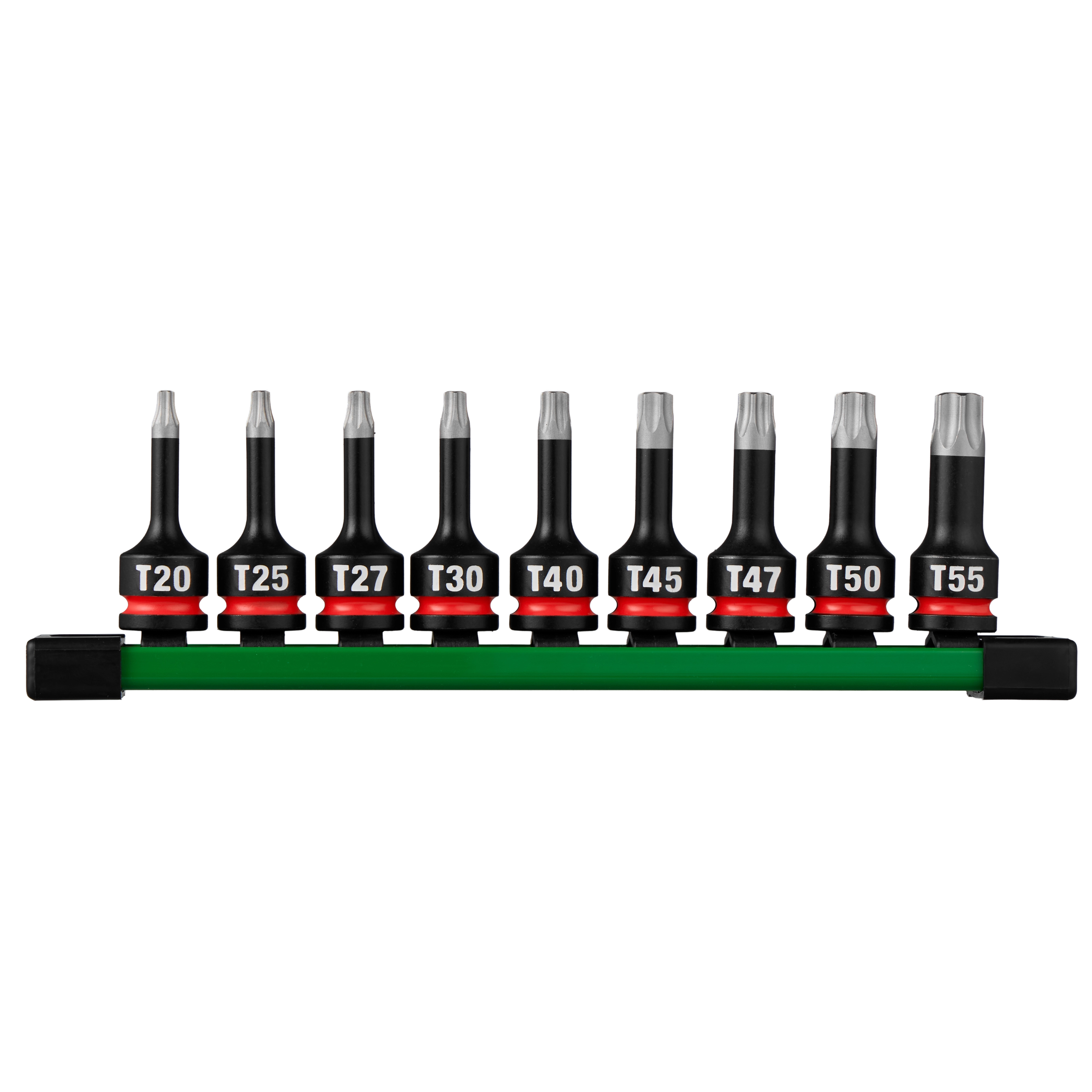 9PC SHOCKWAVE Impact Duty 3/8" Drive 2" Torx Bit Socket Set arranged on a green rail with labeled sizes.