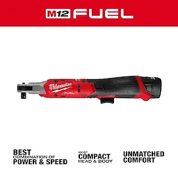 The M12 FUEL™ 3/8" Ratchet is a compact, red and black power tool. It features a combination of power and speed, a compact head and body, and delivers unmatched comfort.