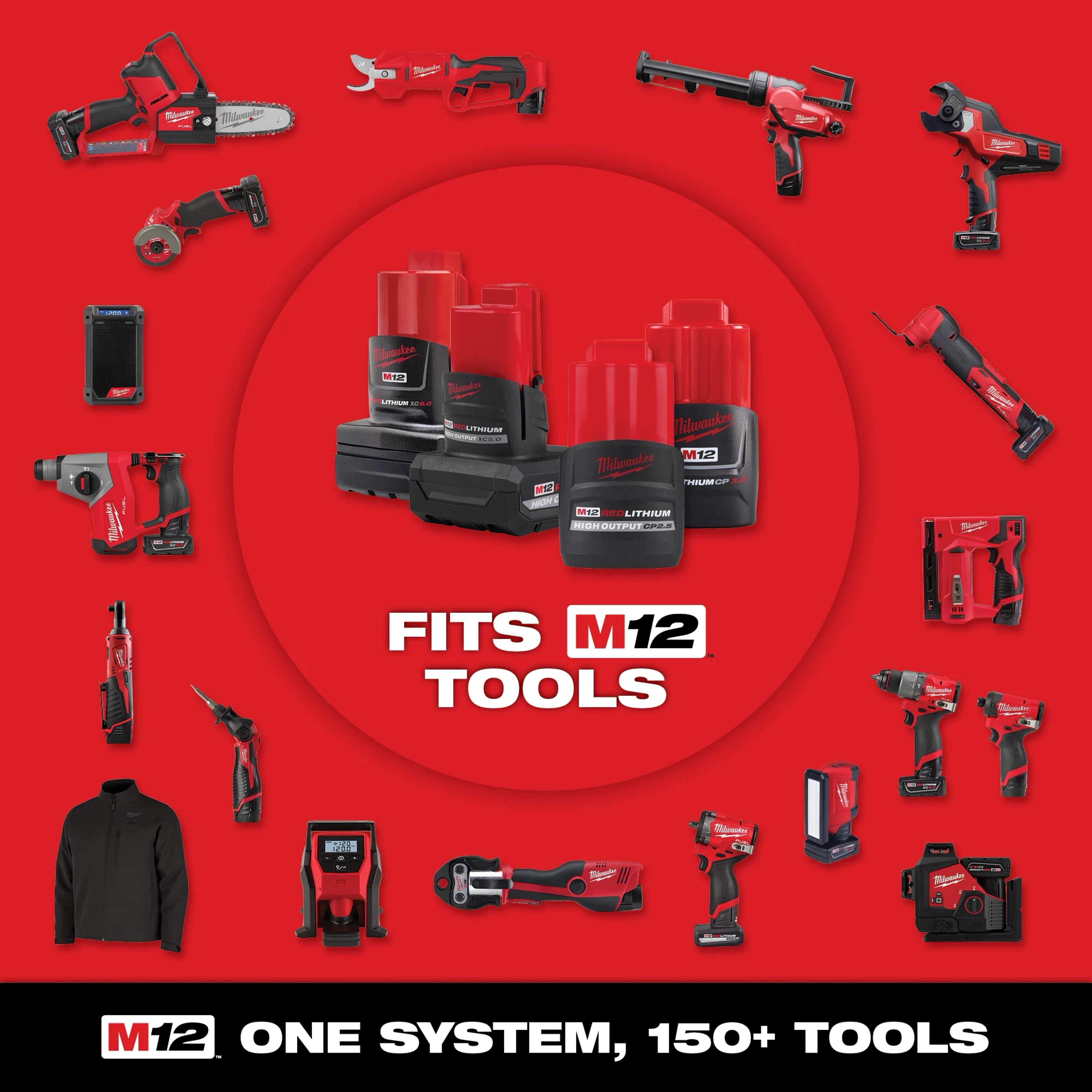 Milwaukee M12 tools and accessories are displayed around a central group of M12 REDLITHIUM battery packs. The image highlights the versatility of the M12 system, which is compatible with over 150 tools. The text reads "Fits M12 Tools" and "One System, 150+ Tools."